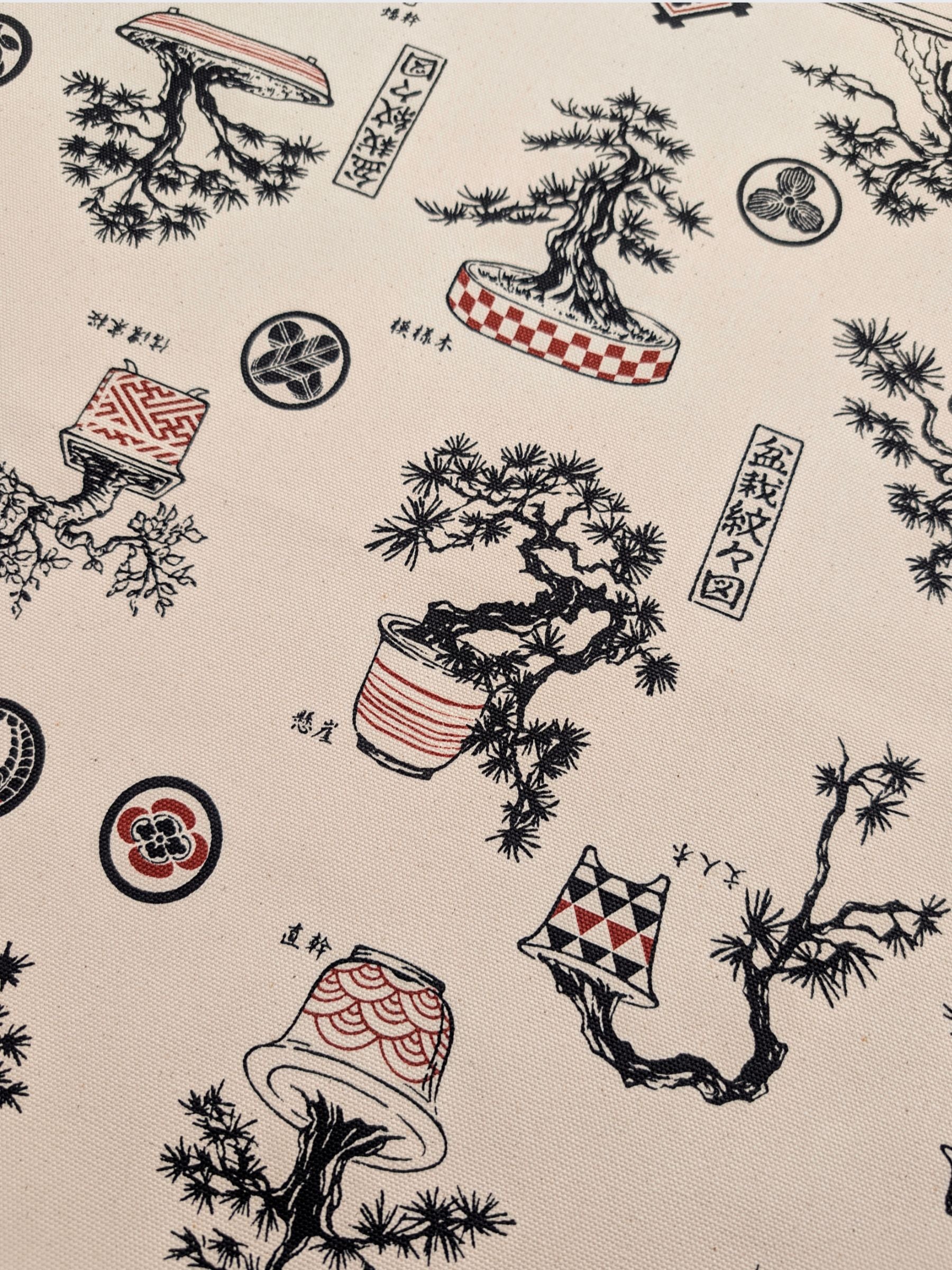 Kokka - Bonsai Trees Cotton Duck Canvas Fabric - Beige & Red