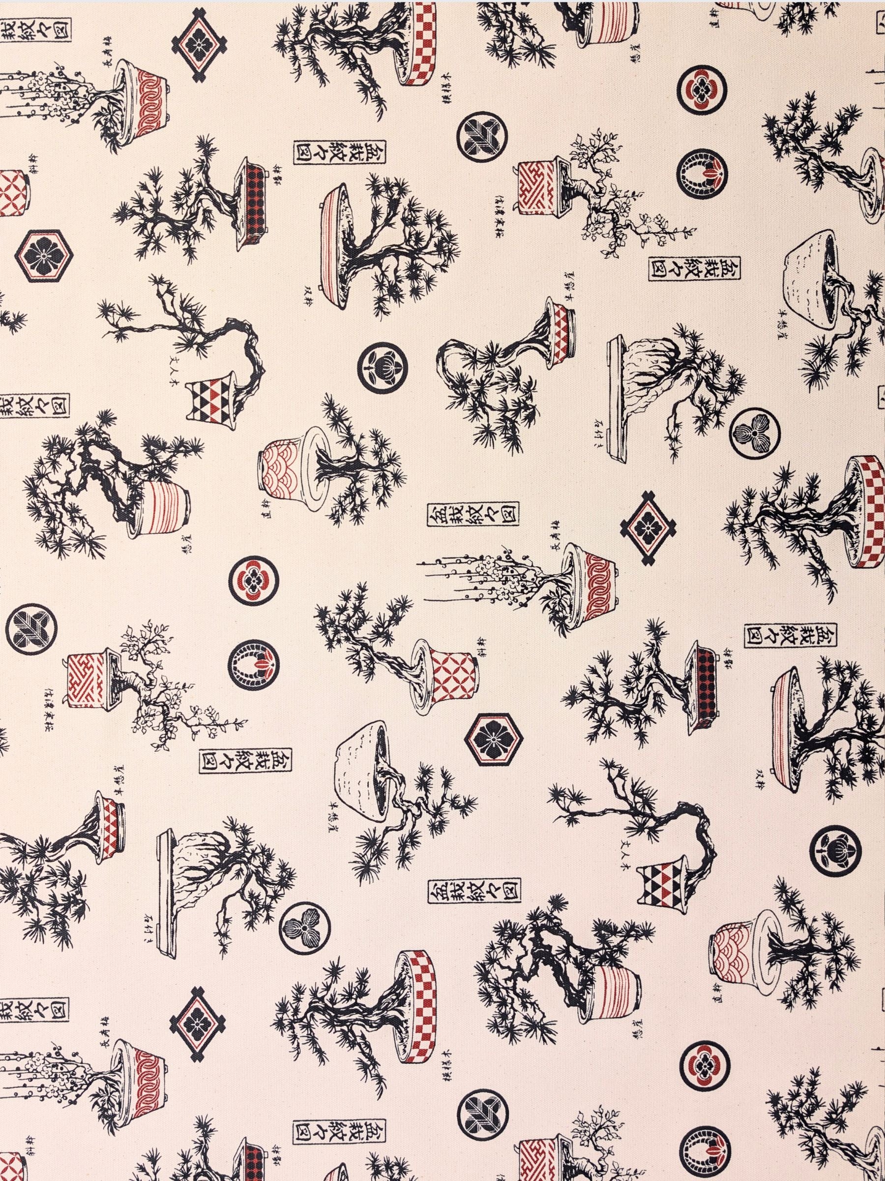 Kokka - Bonsai Trees Cotton Duck Canvas Fabric - Beige & Red