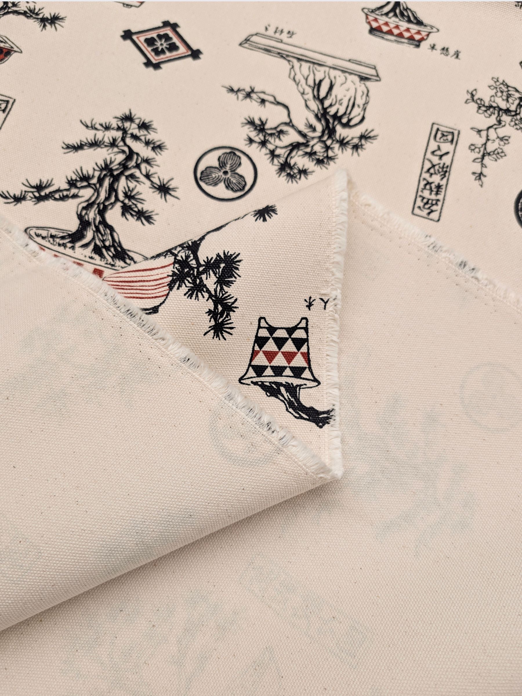 Kokka - Bonsai Trees Cotton Duck Canvas Fabric - Beige & Red
