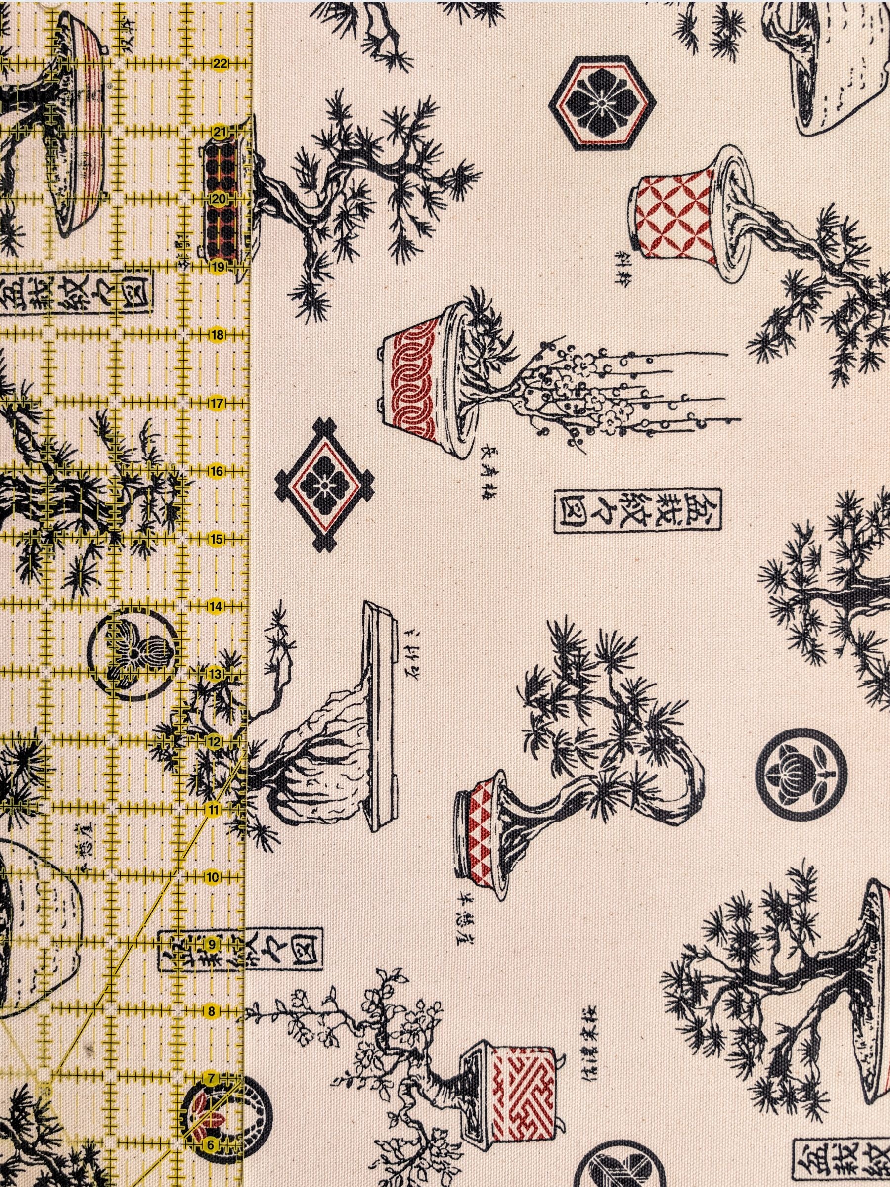 Kokka - Bonsai Trees Cotton Duck Canvas Fabric - Beige & Red