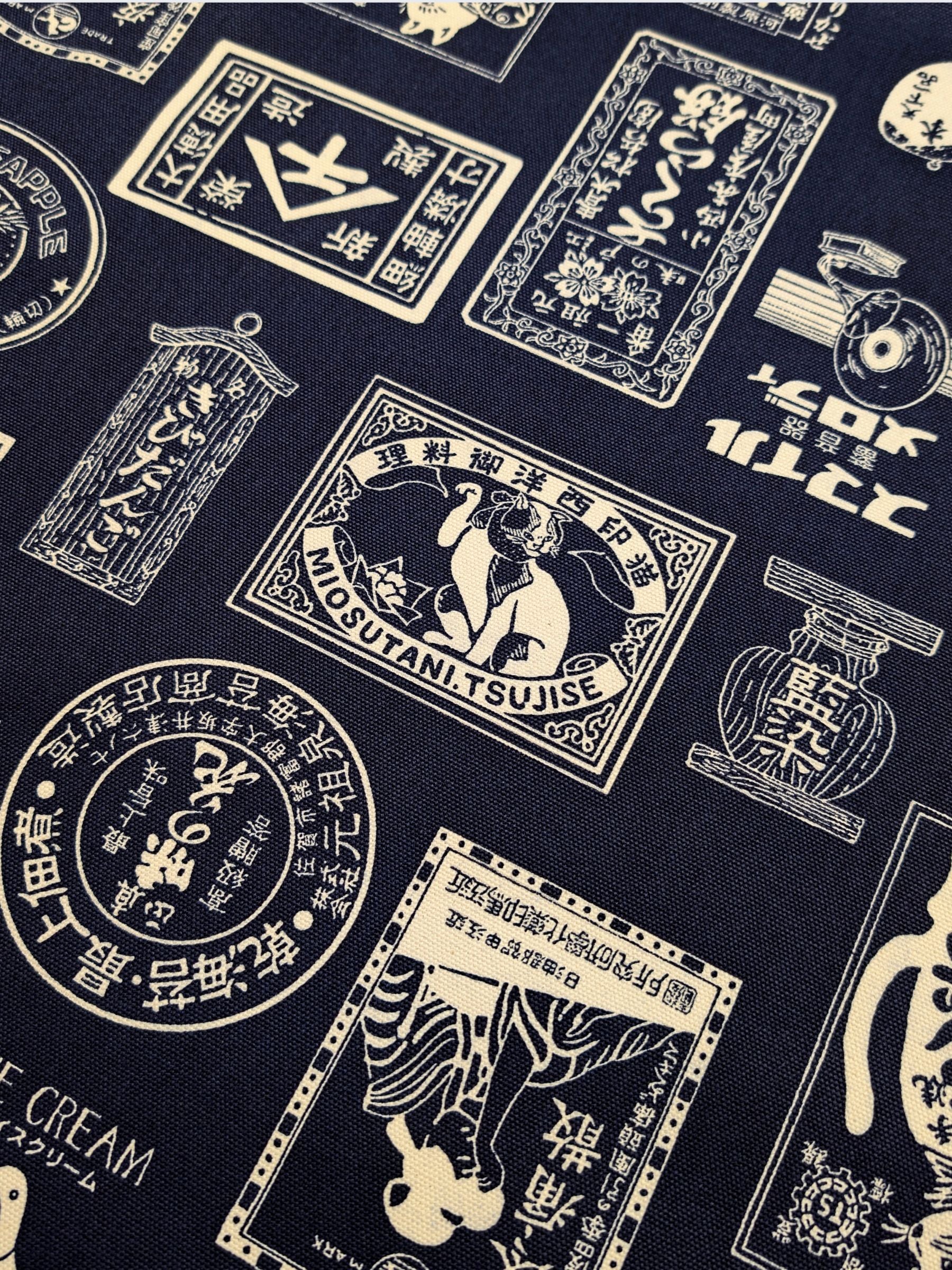 Kokka - Japanese Labels Cotton Duck Canvas Fabric - Navy & White