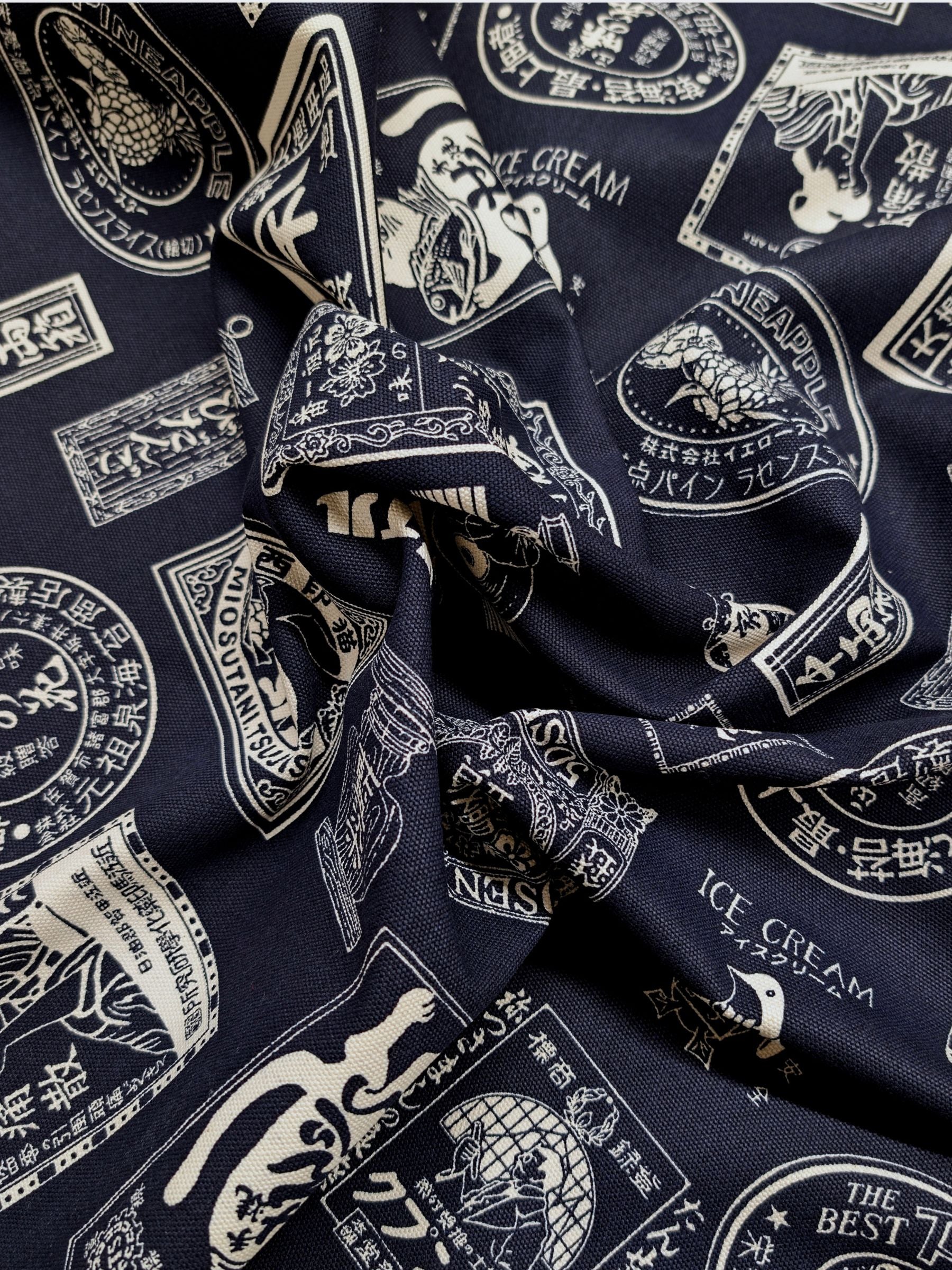 Kokka - Japanese Labels Cotton Duck Canvas Fabric - Navy & White
