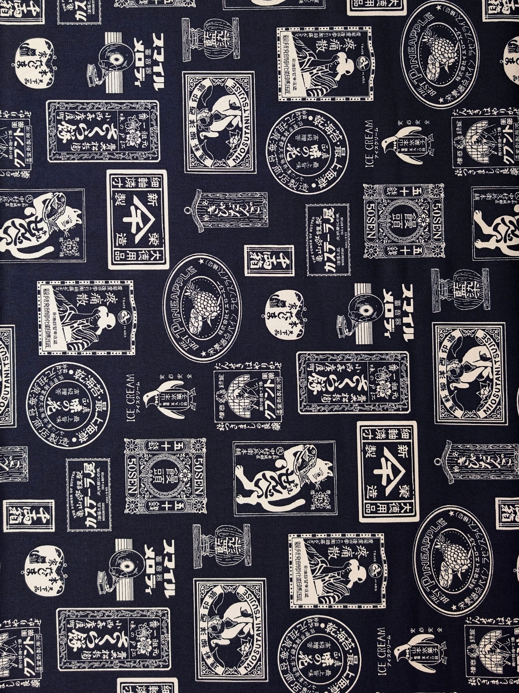 Kokka - Japanese Labels Cotton Duck Canvas Fabric - Navy & White
