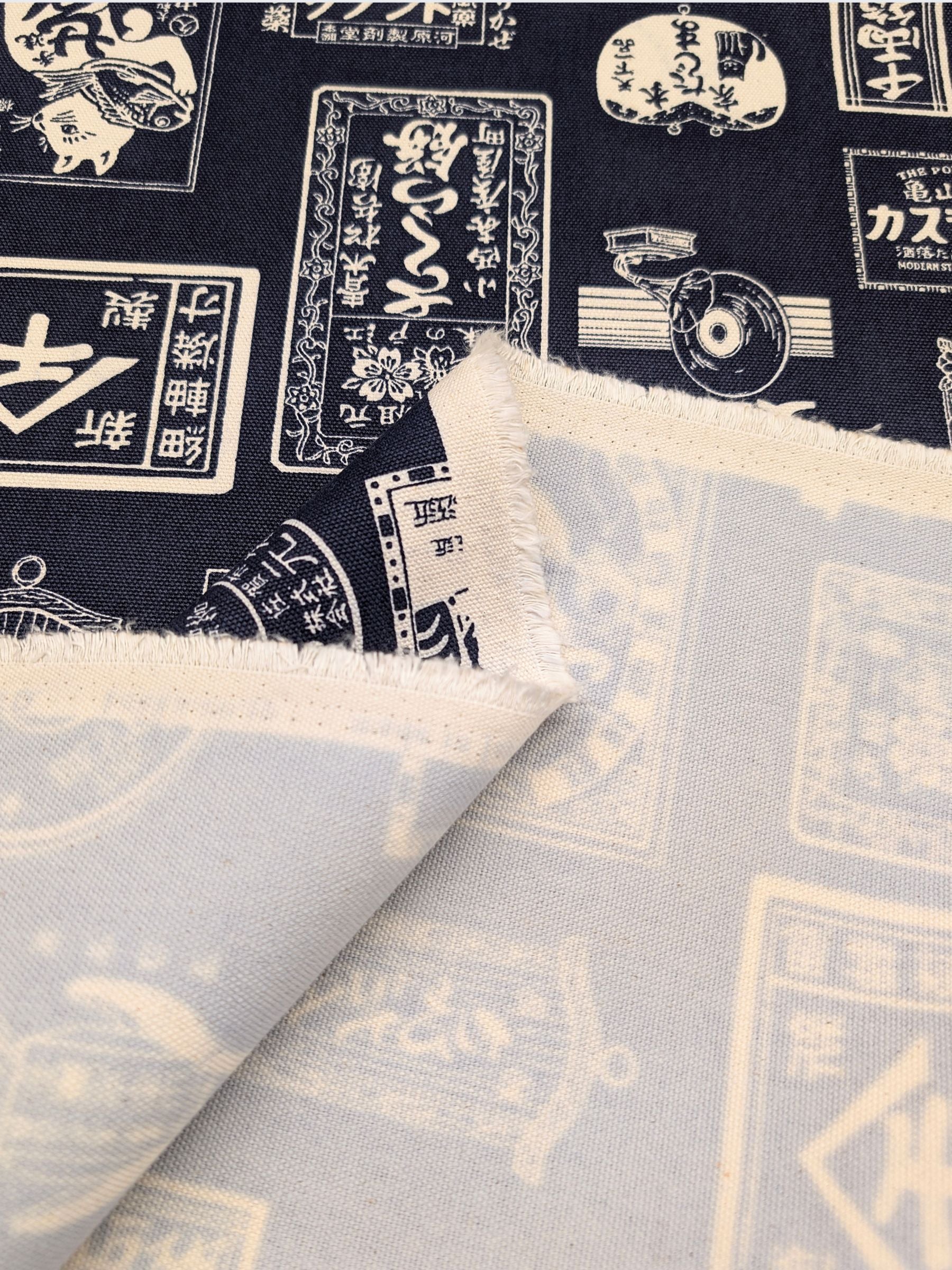 Kokka - Japanese Labels Cotton Duck Canvas Fabric - Navy & White