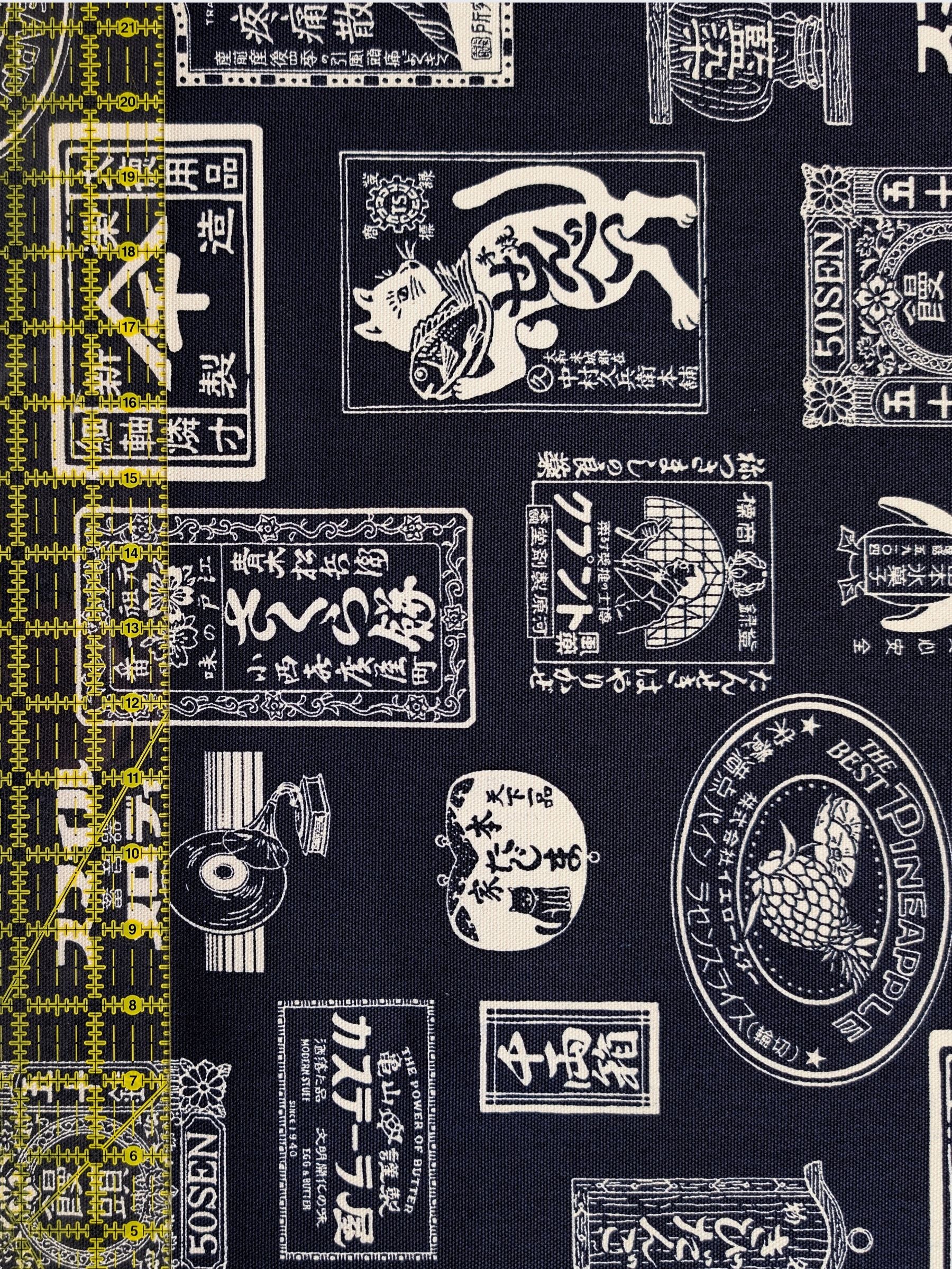 Kokka - Japanese Labels Cotton Duck Canvas Fabric - Navy & White