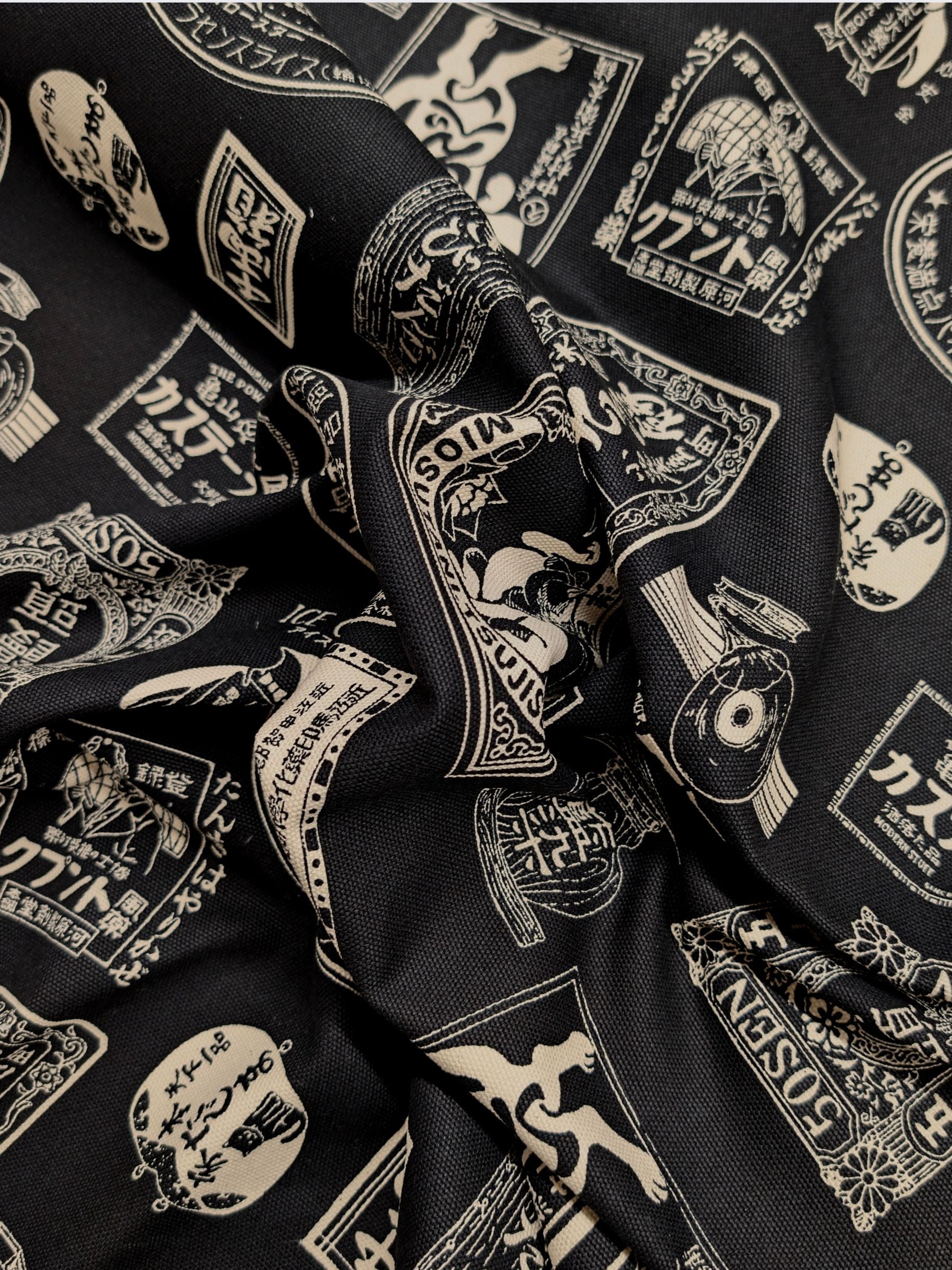 Kokka - Japanese Labels Cotton Duck Canvas Fabric - Black & White REMNANT