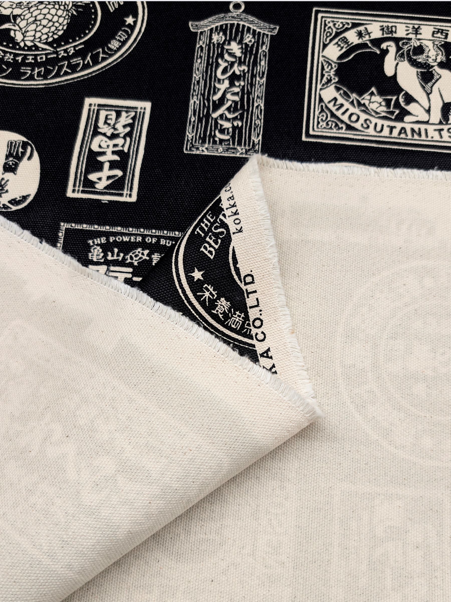 Kokka - Japanese Labels Cotton Duck Canvas Fabric - Black & White REMNANT