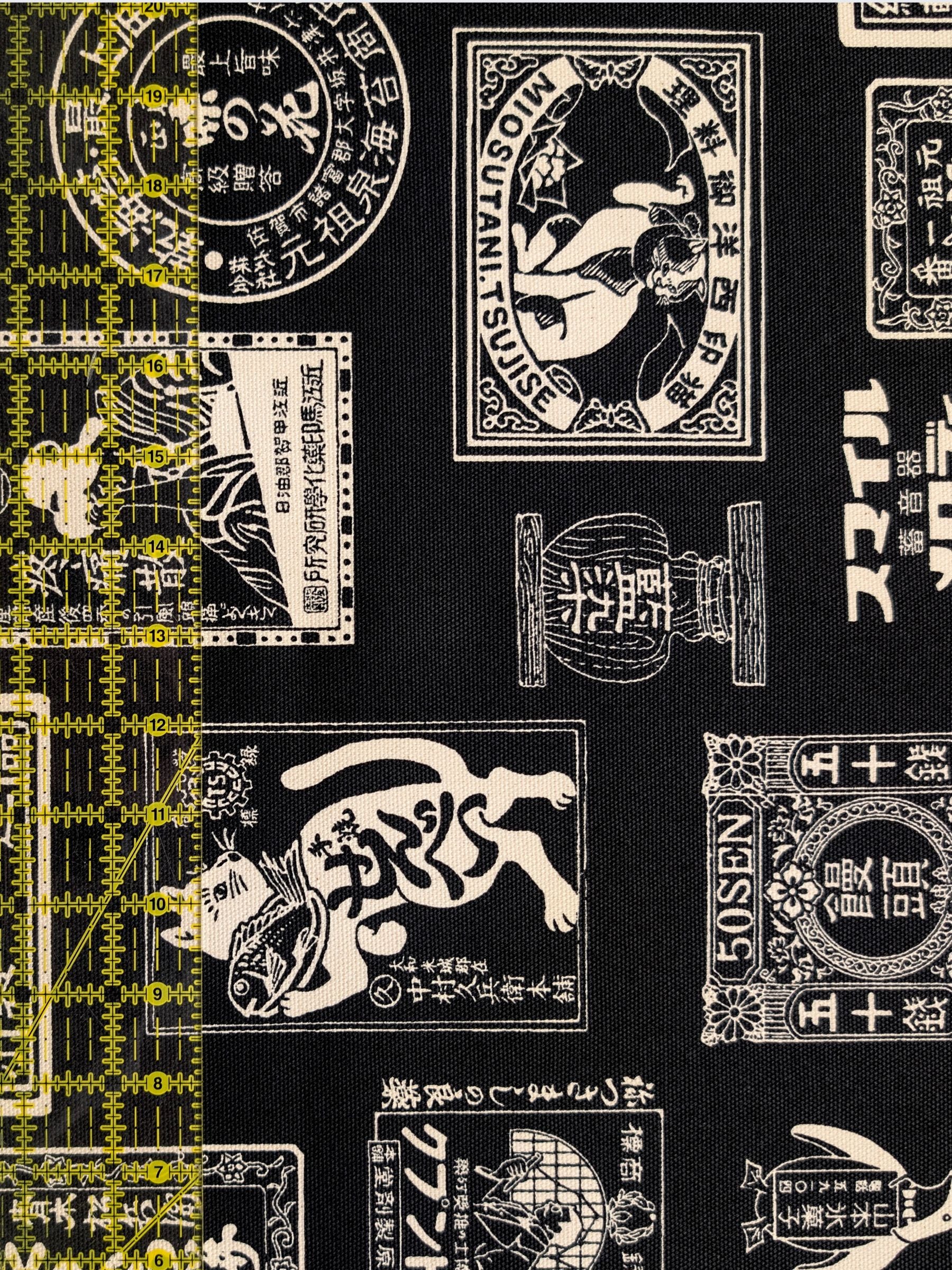 Kokka - Japanese Labels Cotton Duck Canvas Fabric - Black & White REMNANT