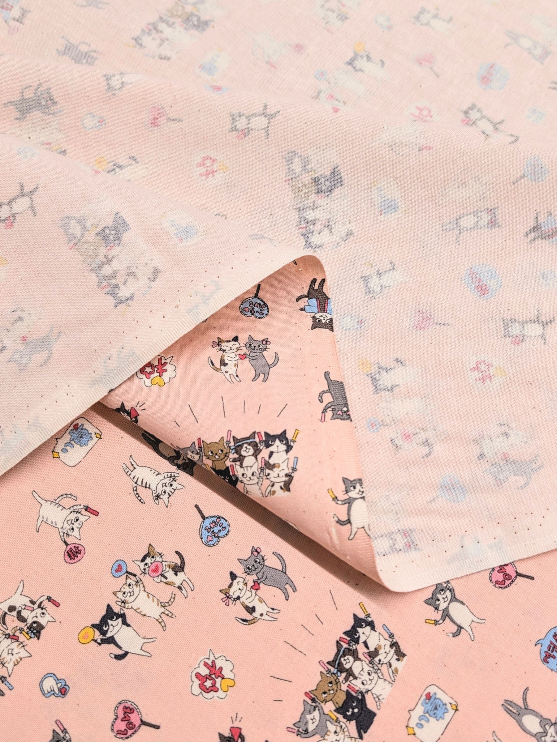 Kokka - Kitties In Love Cotton Sheeting Fabric - Pink