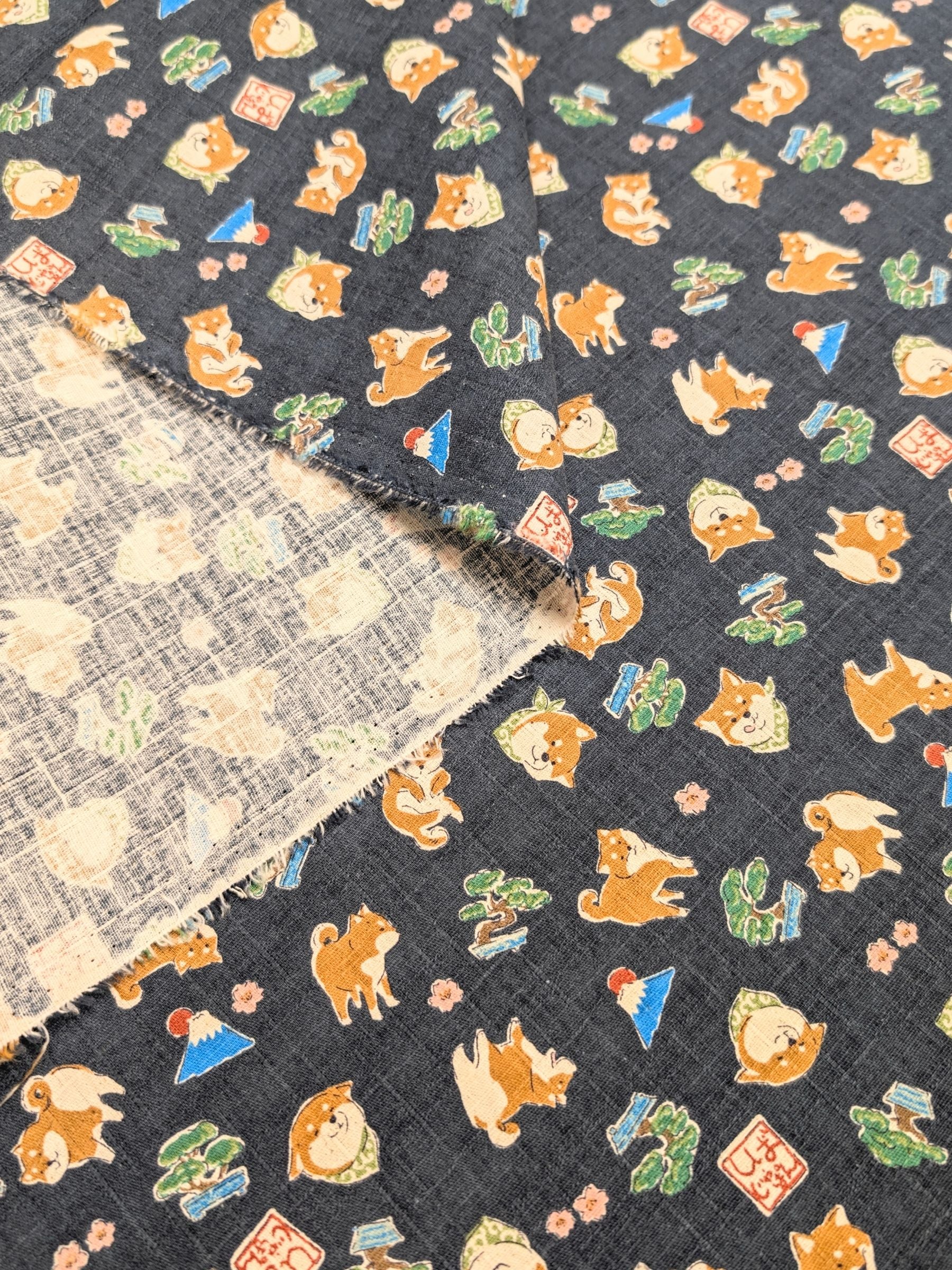 Kokka - Little Shibas and Bonsai Cotton Dobby Fabric - Gray-Blue