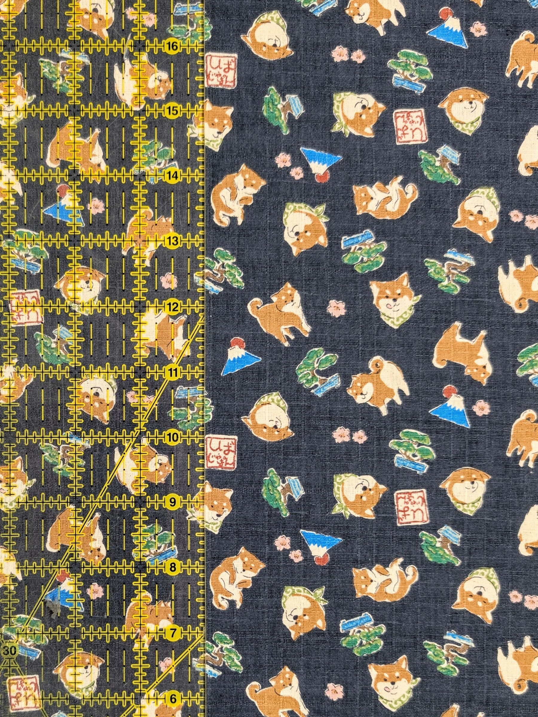 Kokka - Little Shibas and Bonsai Cotton Dobby Fabric - Gray-Blue