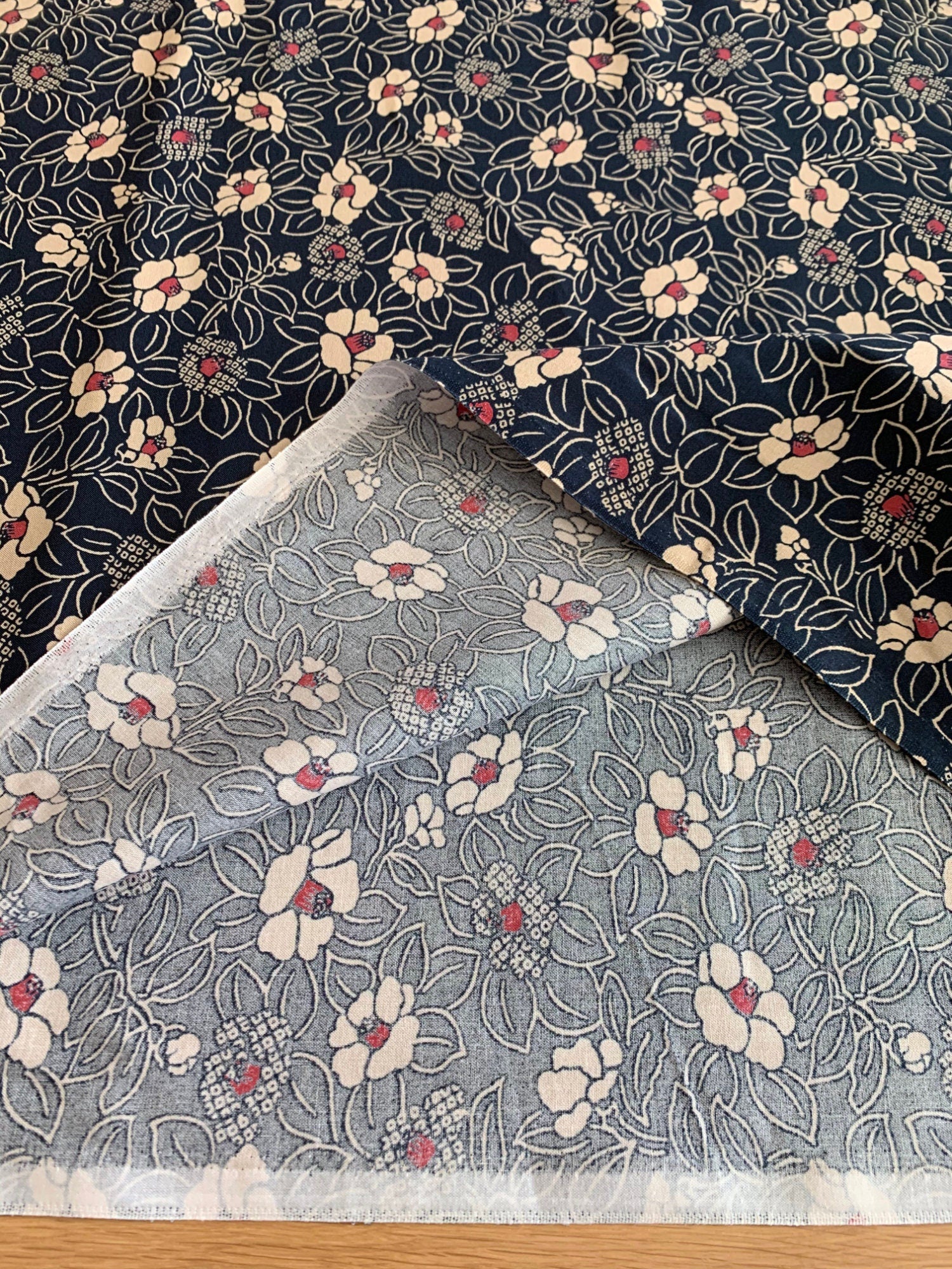 Blooming Camellias Japanese Cotton Fabric KW-3510 36A blue beige red