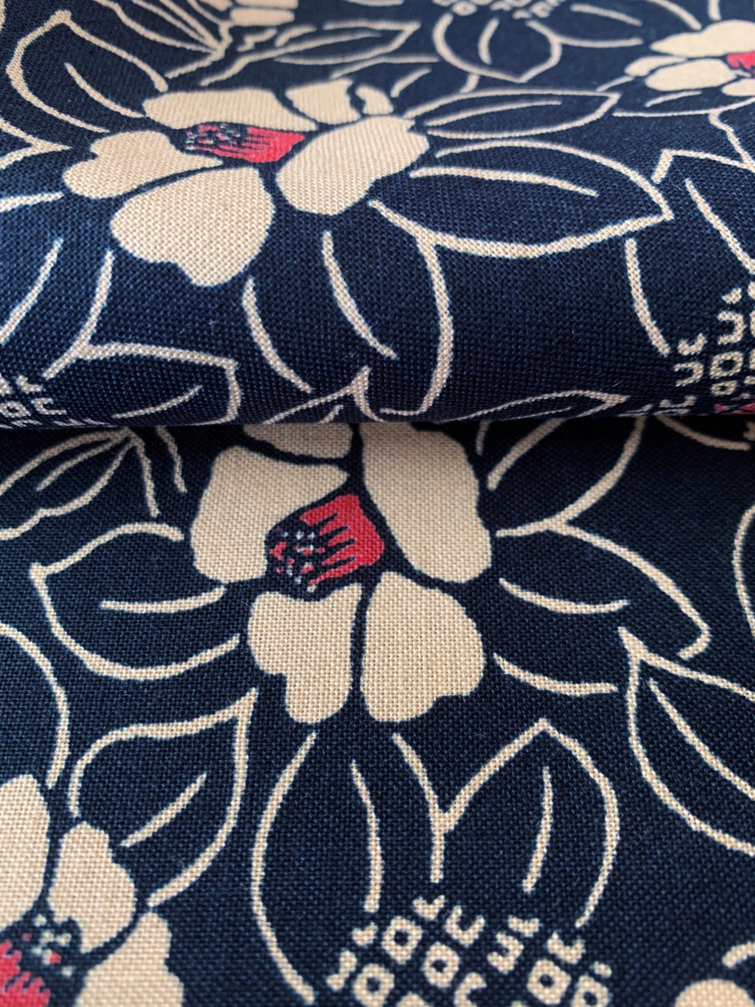 Blooming Camellias Japanese Cotton Fabric KW-3510 36A blue beige red