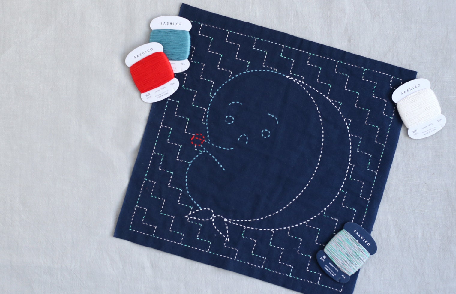 Daruma - Maneki Neko Cotton Sashiko Fukin Sampler Cloth - Blue or White