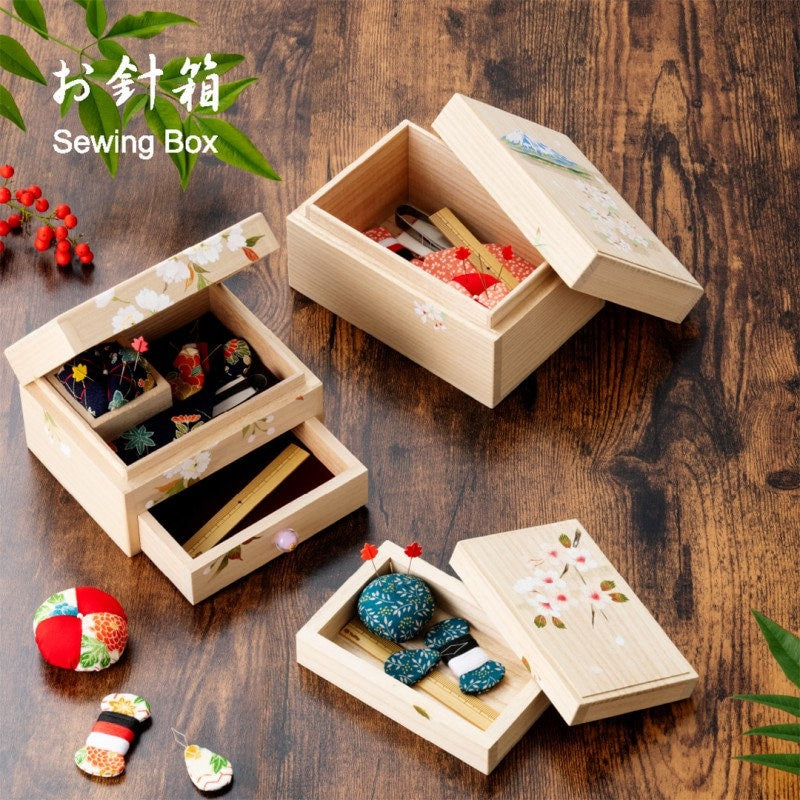 Tulip - Oharibako Sewing Box in Paulownia Wood with Kimono Fabric - Small set