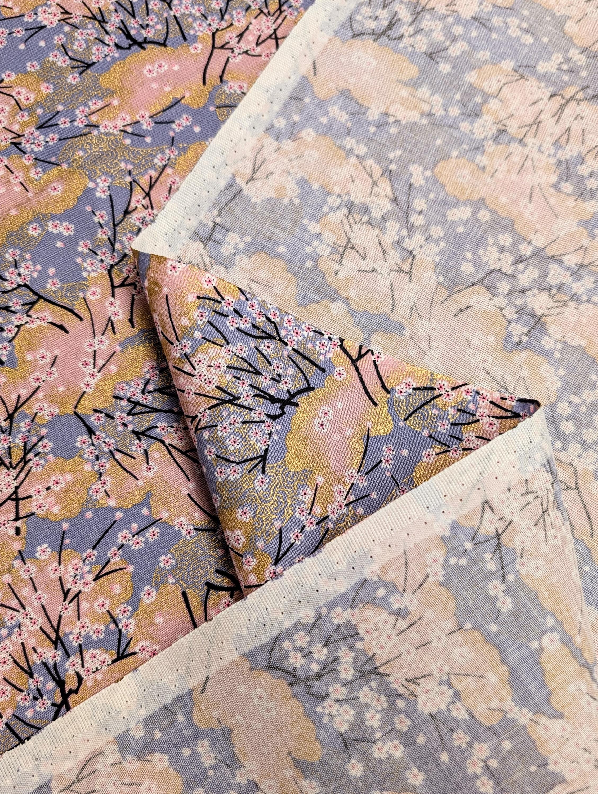 Cherry Blossom Trees with Gold Japanese cotton fabric A-45000-68 D pink & gray