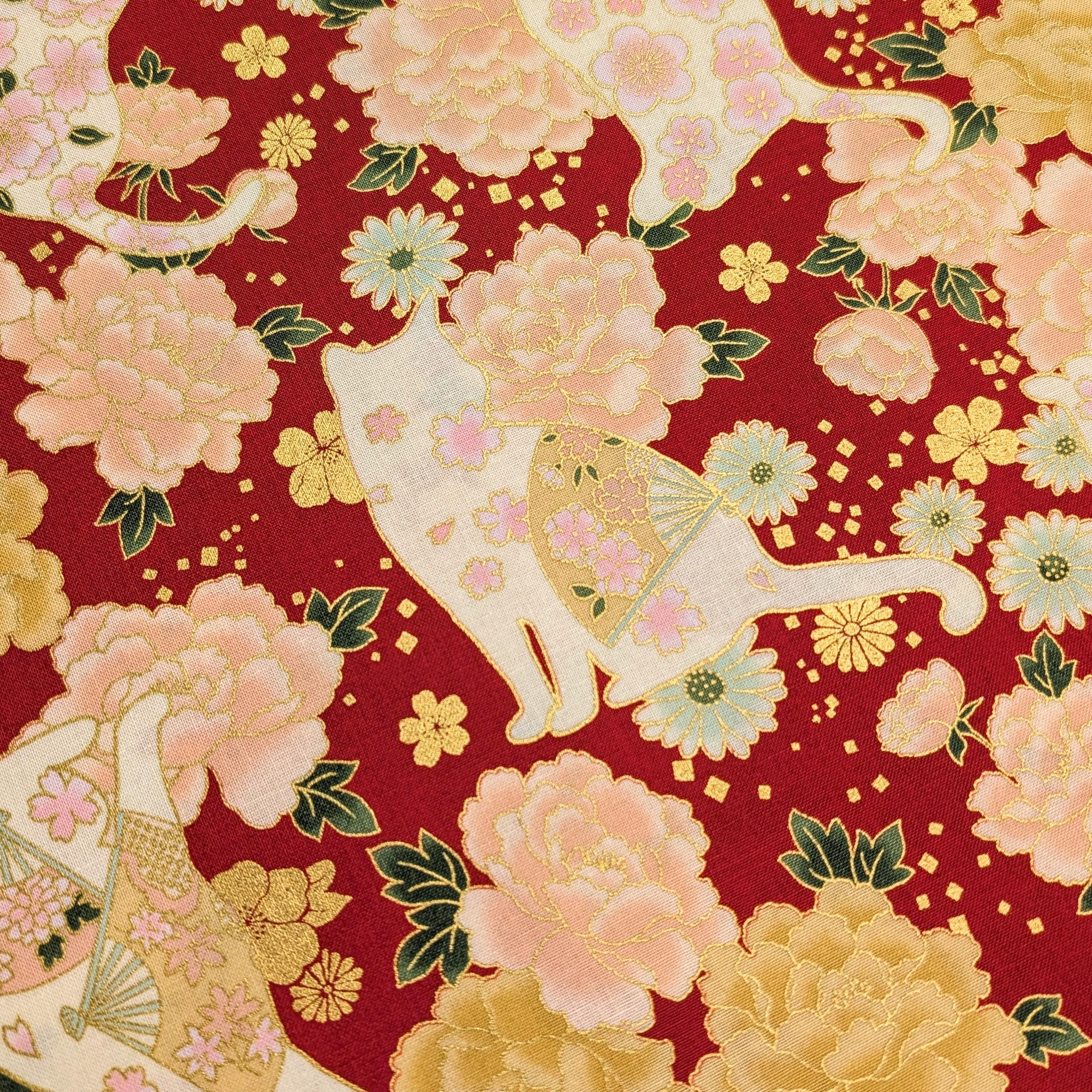 NEW Cats and Roses QuiltGate Hyakka Ryoran Japanese cotton fabric HR3480-12 C red