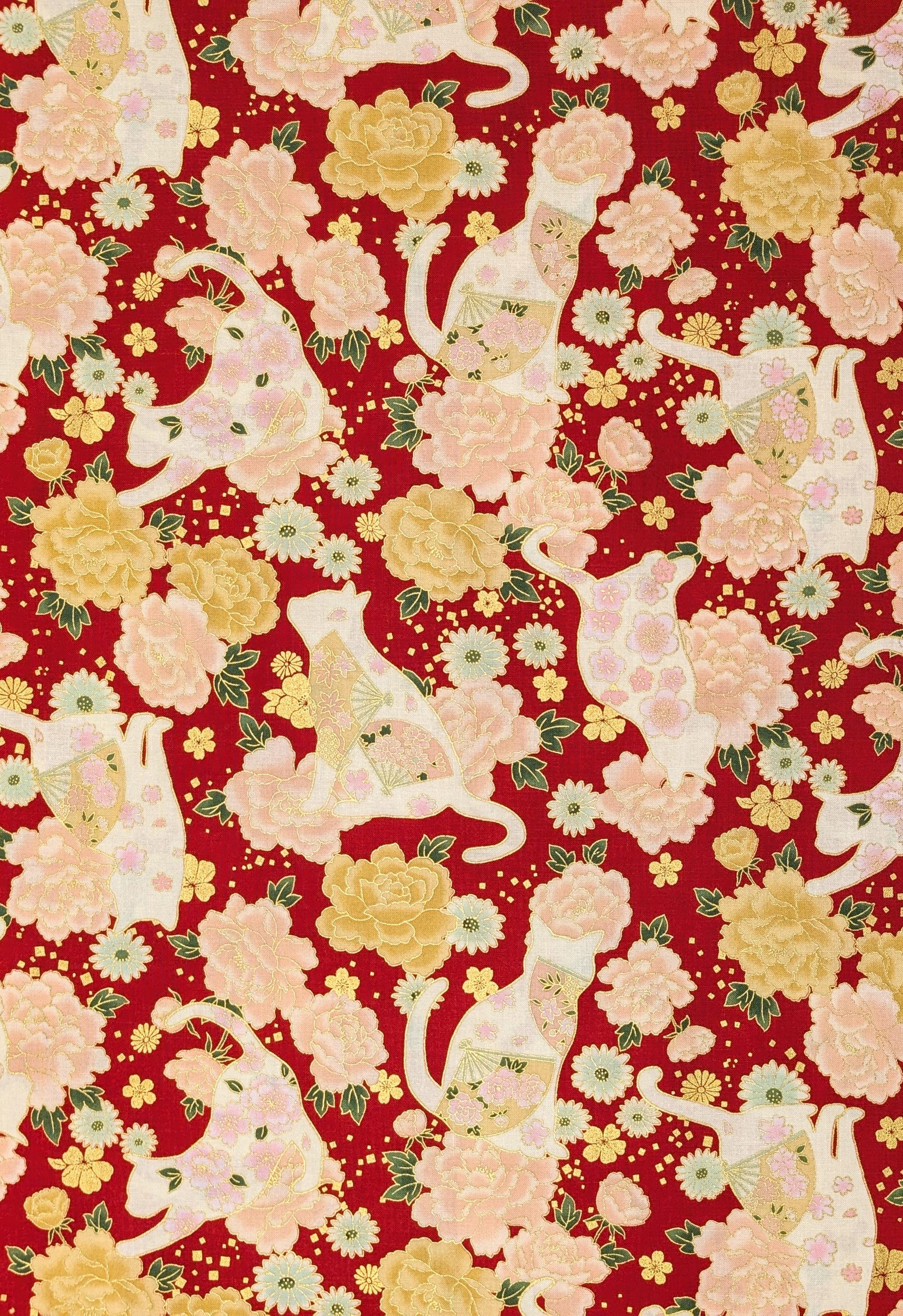 NEW Cats and Roses QuiltGate Hyakka Ryoran Japanese cotton fabric HR3480-12 C red