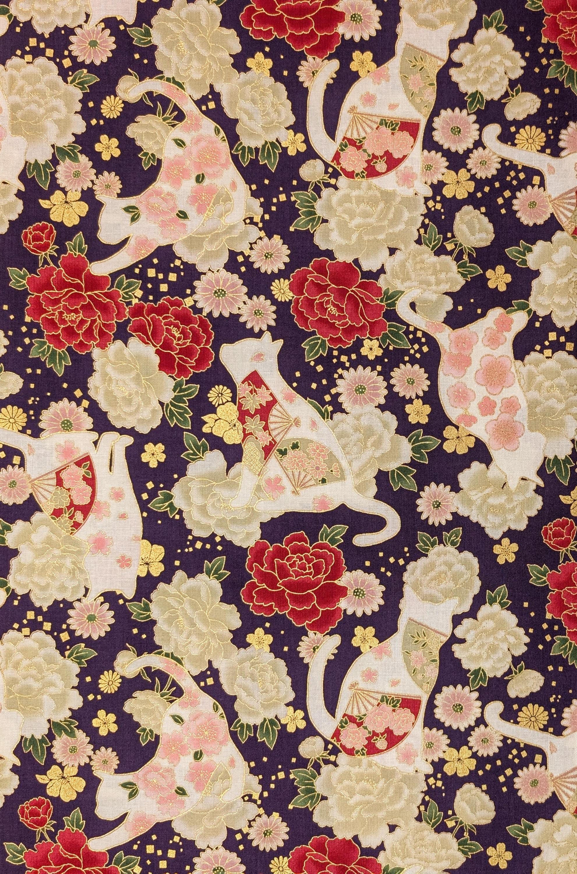 NEW Cats and Roses QuiltGate Hyakka Ryoran Japanese cotton fabric HR3480-12 D purple