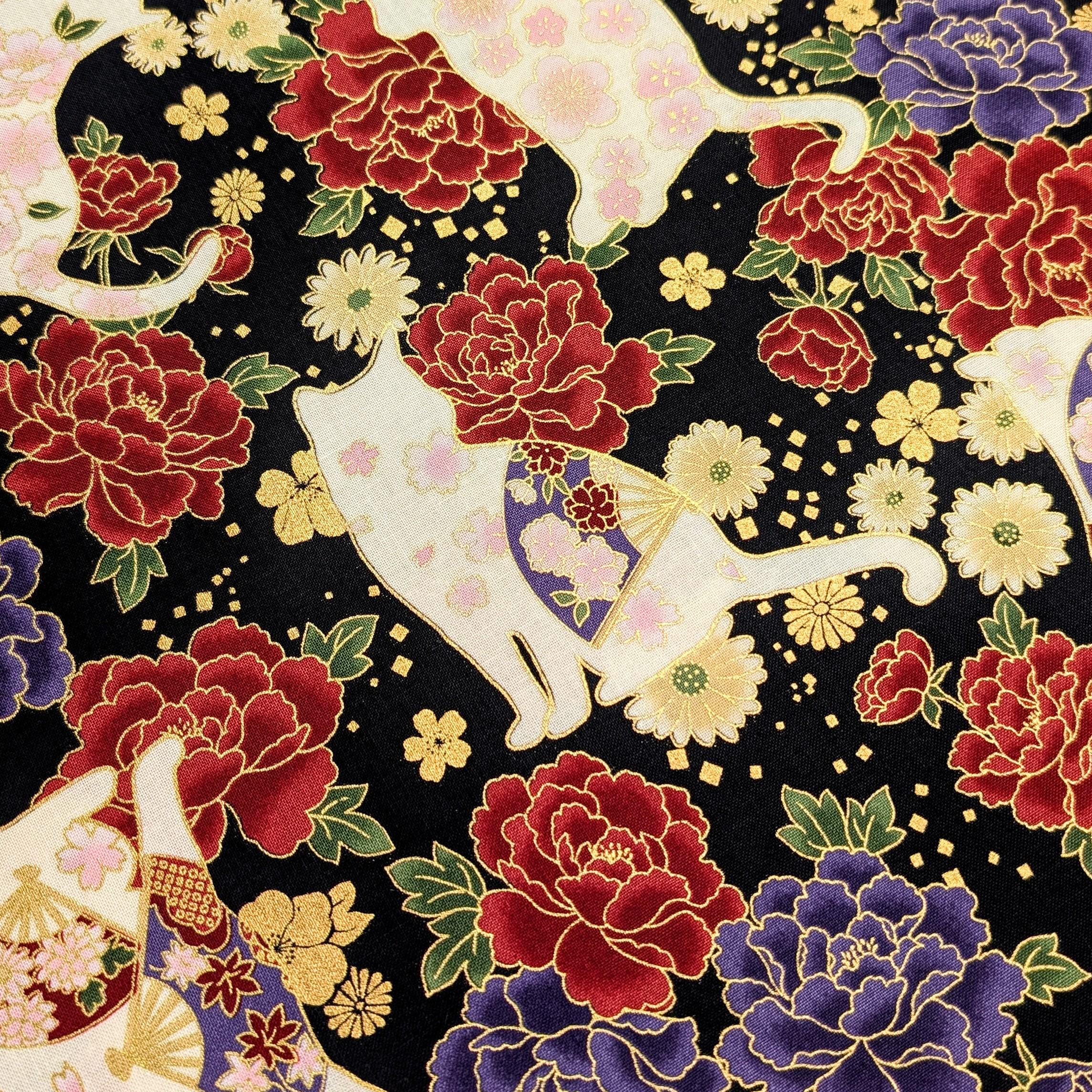 NEW Cats and Roses QuiltGate Hyakka Ryoran Japanese cotton fabric HR3480-12 F black