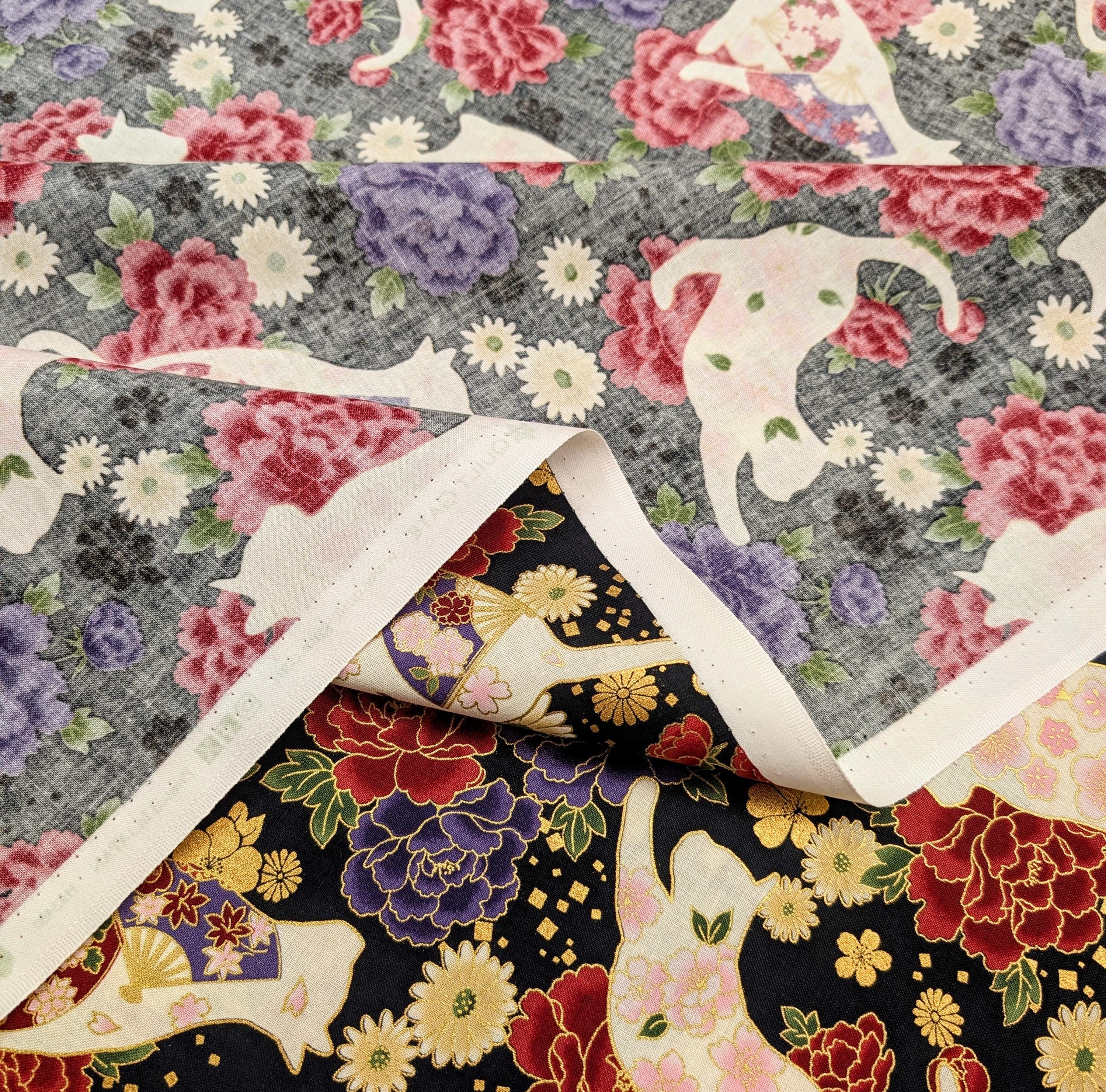 NEW Cats and Roses QuiltGate Hyakka Ryoran Japanese cotton fabric HR3480-12 F black