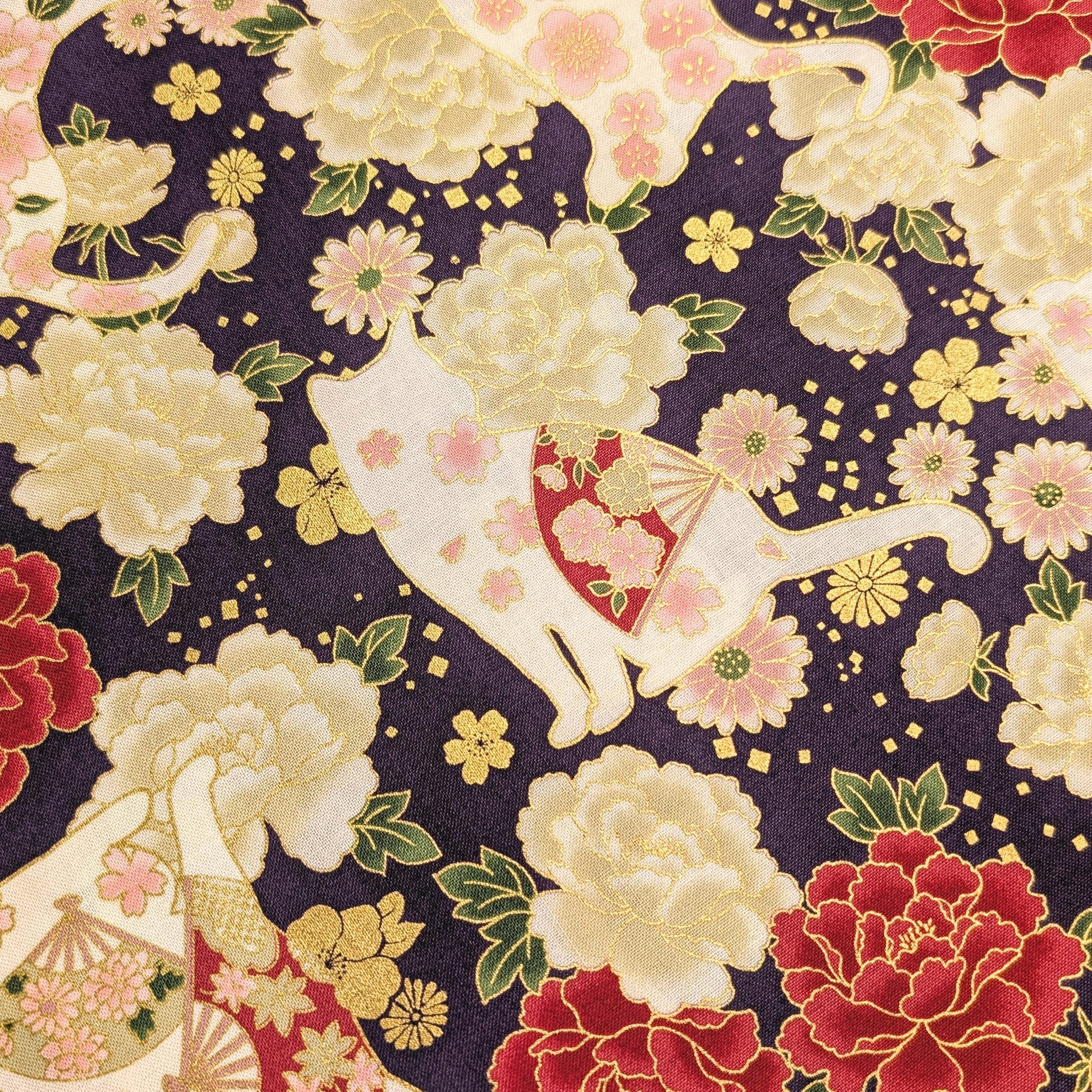 NEW Cats and Roses QuiltGate Hyakka Ryoran Japanese cotton fabric HR3480-12 D purple