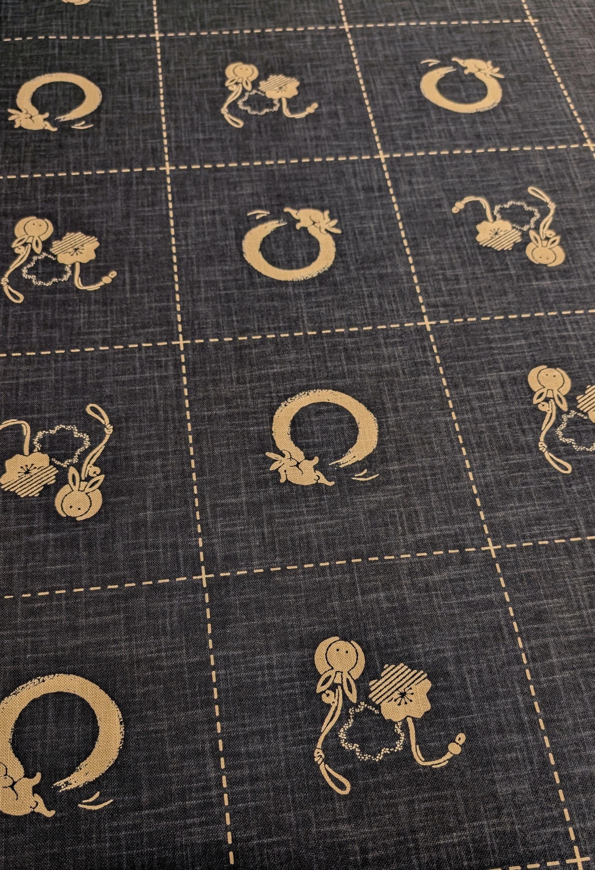 NEW Enso Rabbit hand stenciled Japanese cotton fabric KP7090-140 B black - half yard