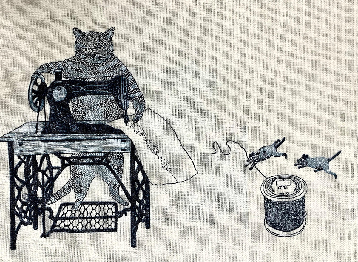 Purr-fect Stitches Cats with Sewing Machines Japanese cotton linen blend canvas 148-1800-1 off-white black blue