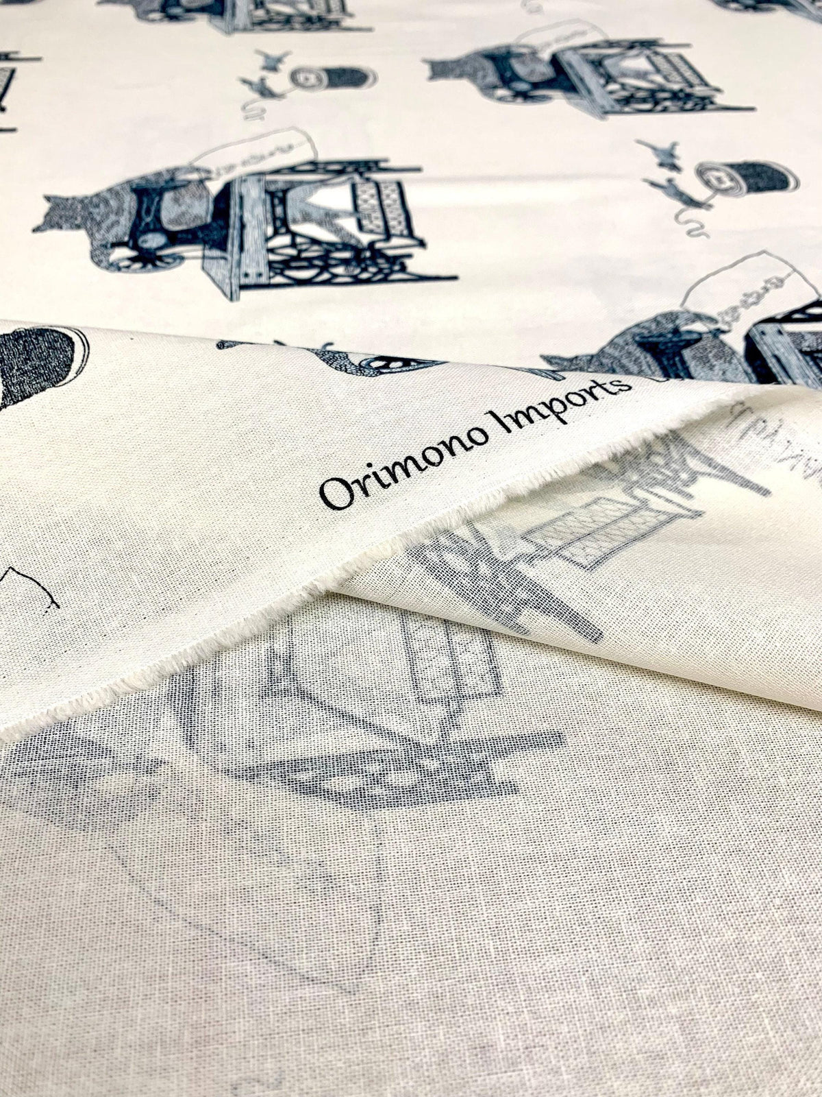 Purr-fect Stitches Cats with Sewing Machines Japanese cotton linen blend canvas 148-1800-1 off-white black blue
