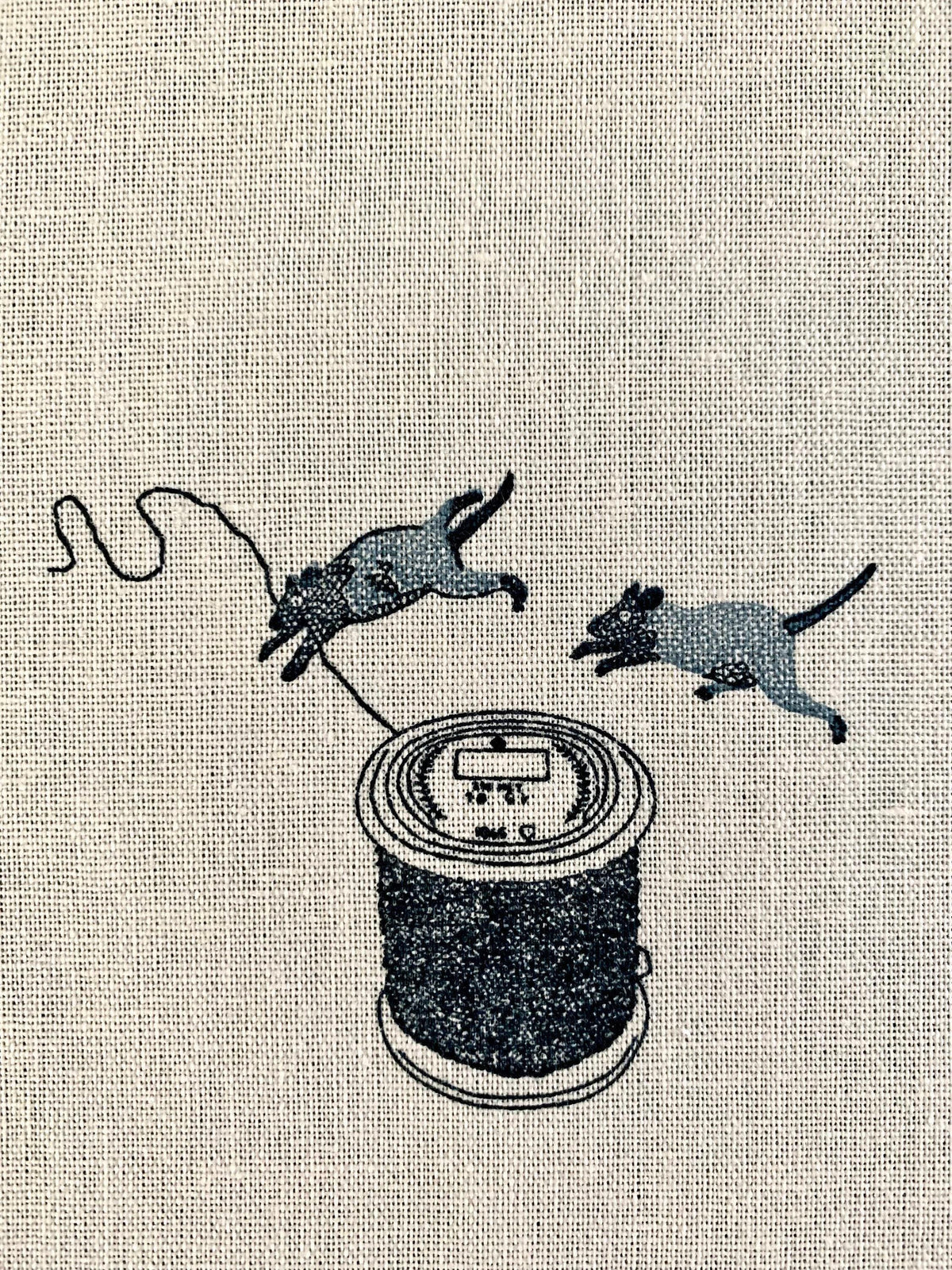 Purr-fect Stitches Cats with Sewing Machines Japanese cotton linen blend canvas 148-1800-1 off-white black blue
