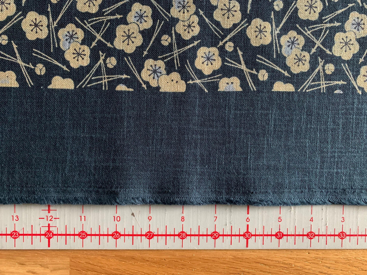 Kurenai - Plum Blossom and Pine Hand Stenciled Cotton - Blue Beige