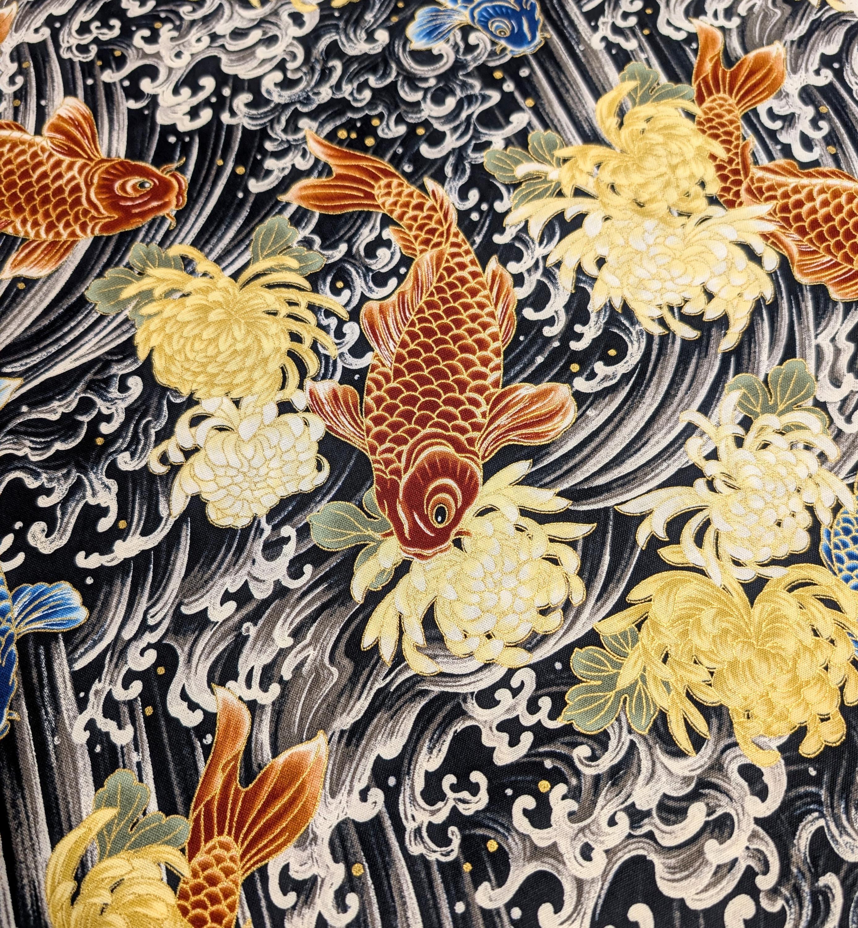 QuiltGate - Hyakka Ryoran Koi and Chrysanthemum Cotton Fabric - Black