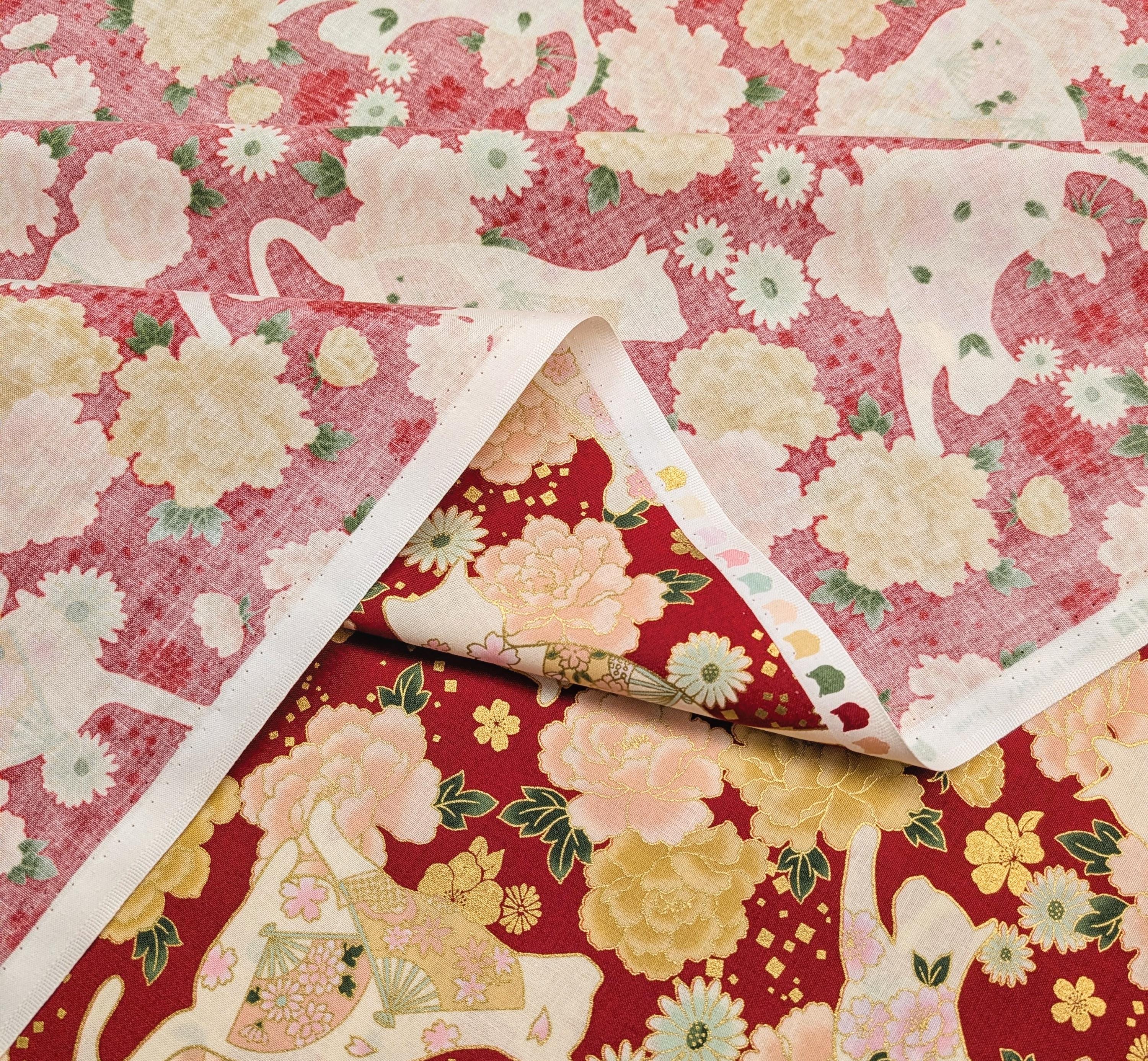 NEW Cats and Roses QuiltGate Hyakka Ryoran Japanese cotton fabric HR3480-12 C red