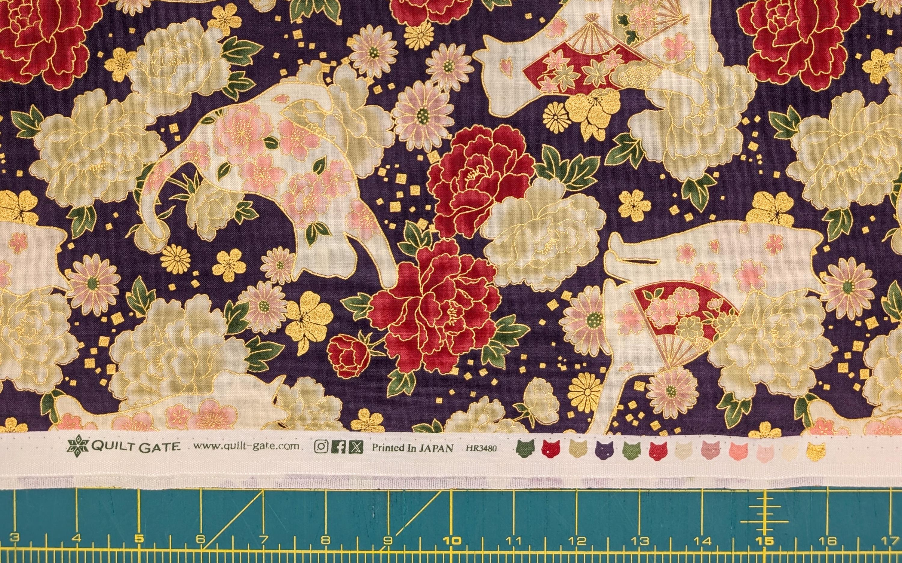 NEW Cats and Roses QuiltGate Hyakka Ryoran Japanese cotton fabric HR3480-12 D purple