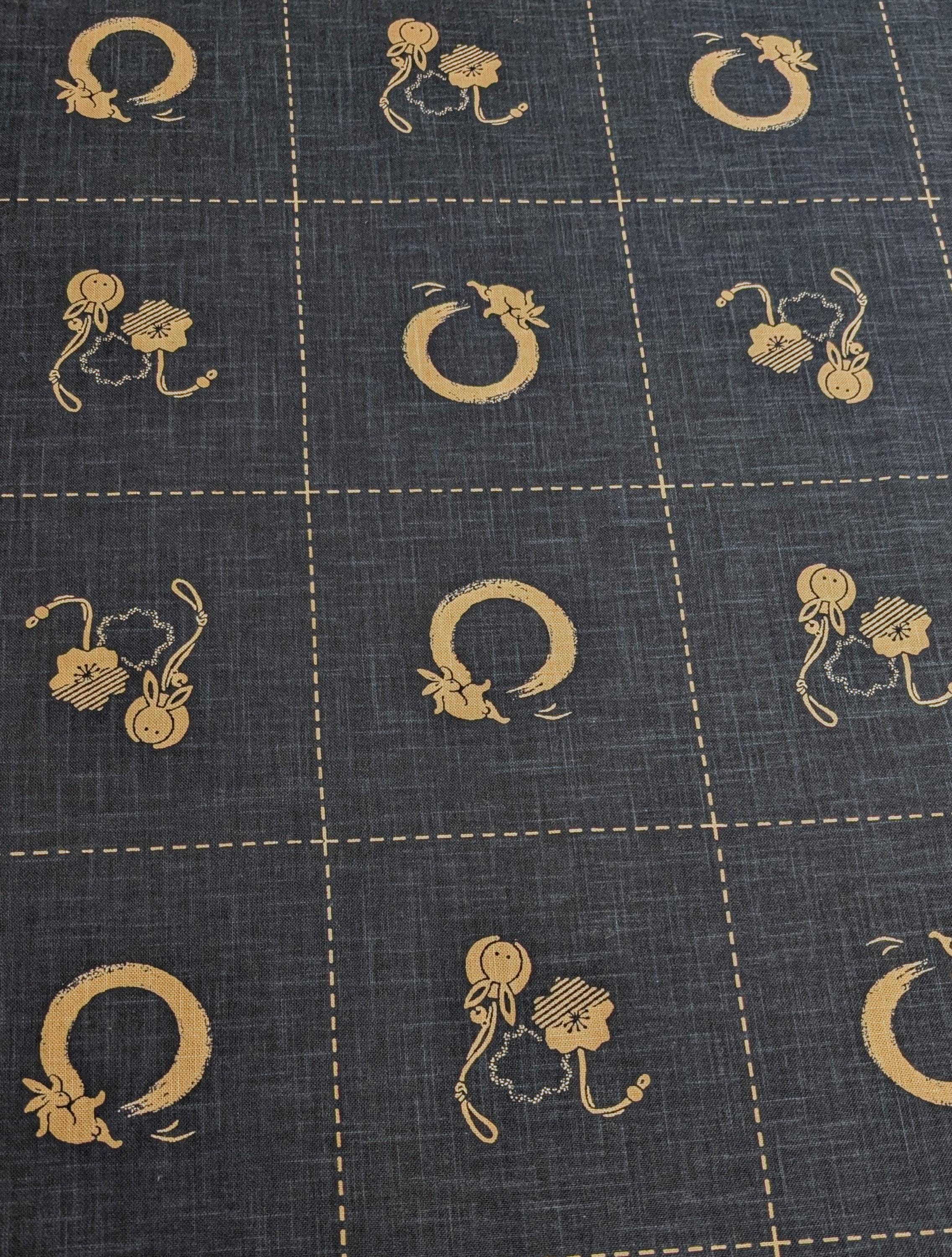 NEW Enso Rabbit hand stenciled Japanese cotton fabric KP7090-140 A blue - half yard