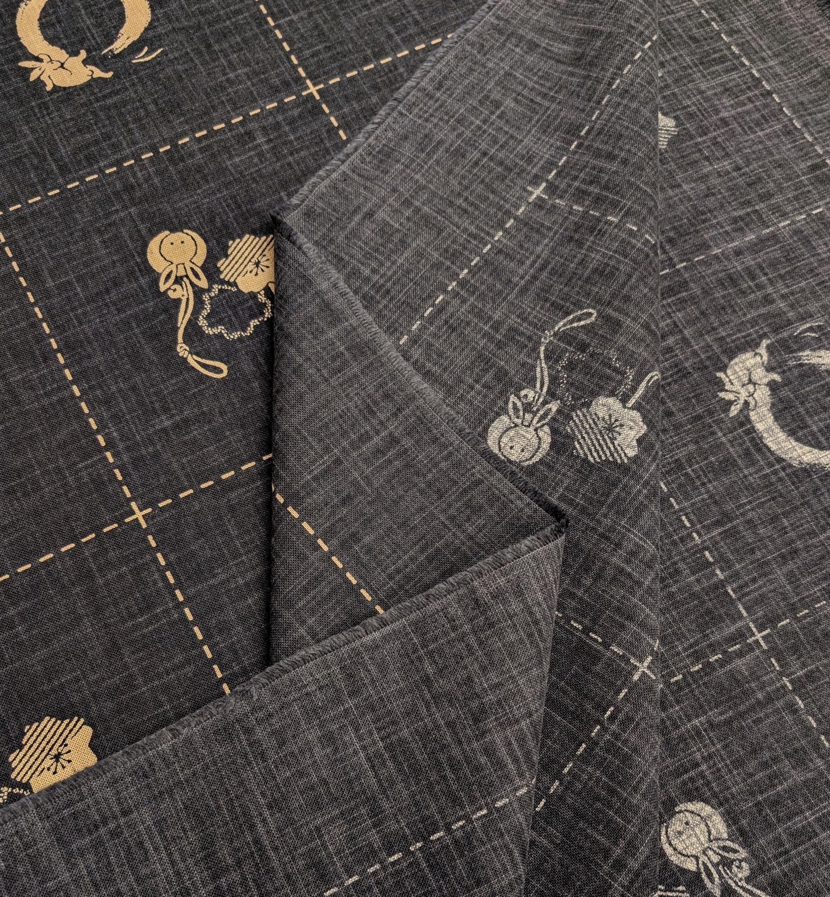 NEW Enso Rabbit hand stenciled Japanese cotton fabric KP7090-140 B black - half yard