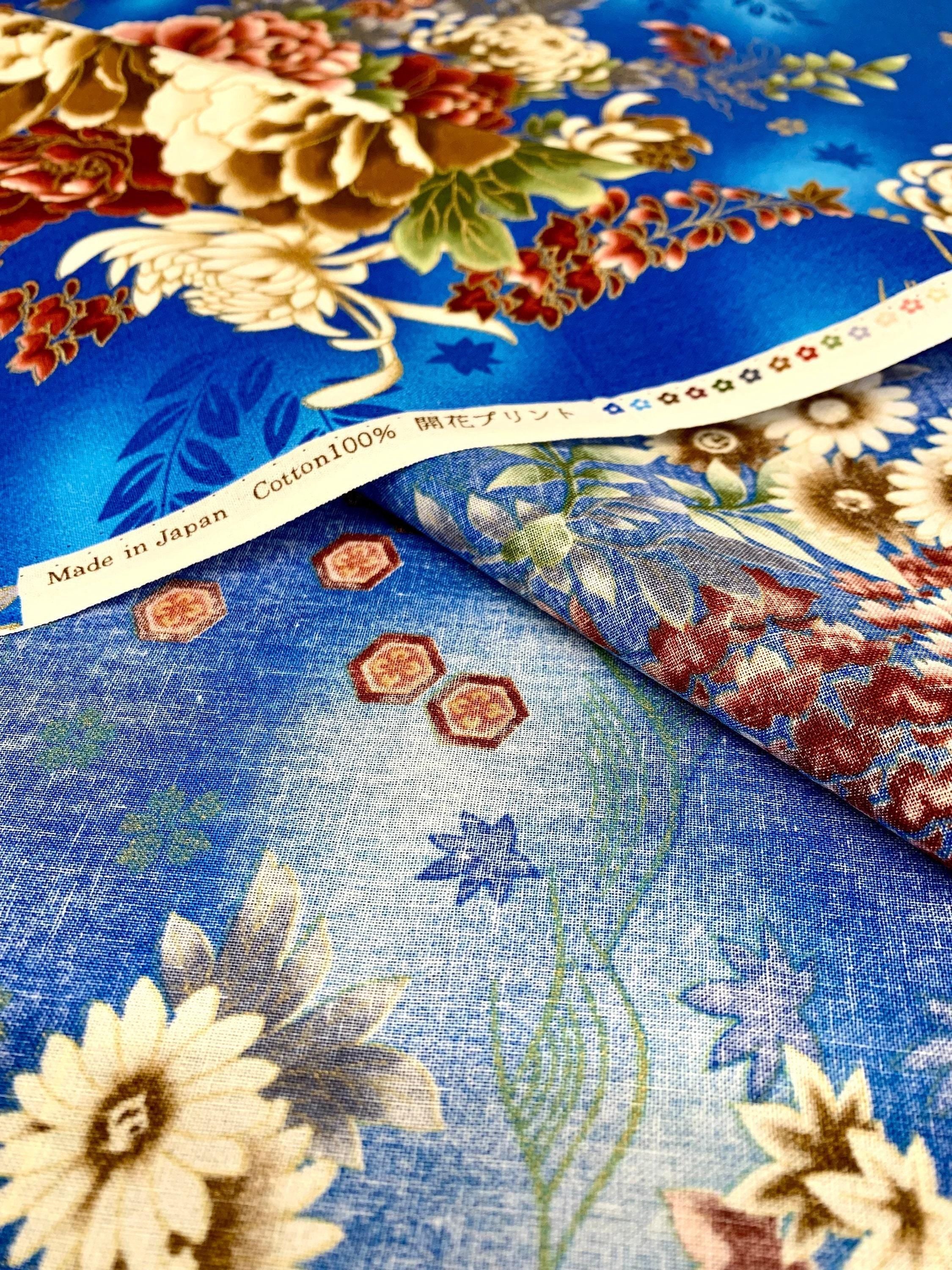 Orimono Imports - Honeycomb Florals Cotton Fabric - Blue Gold