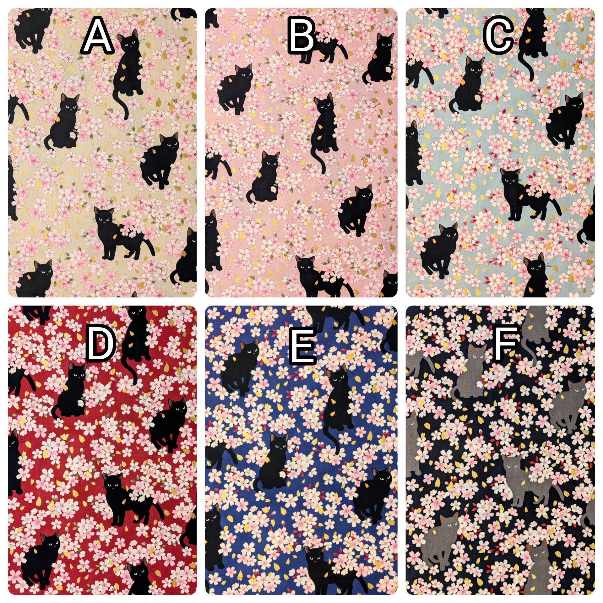 QuiltGate - Hyakka Ryoran Black Cats and Cherry Blossoms Cotton Fabric - Black