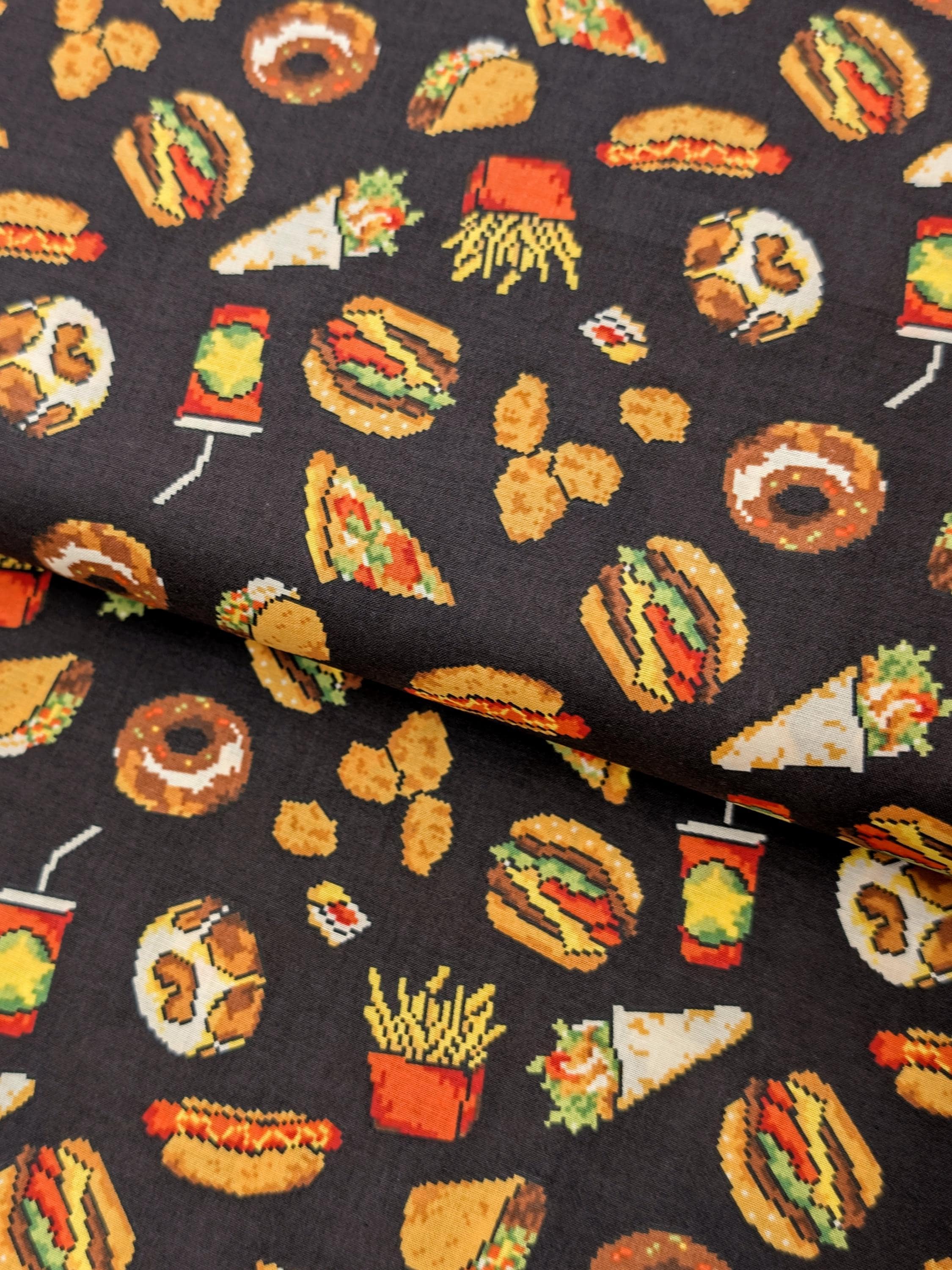 NEW Hokkoh - 8-Bit Fast Food Japanese Cotton Lawn Fabric - Black 1026-626-1-E