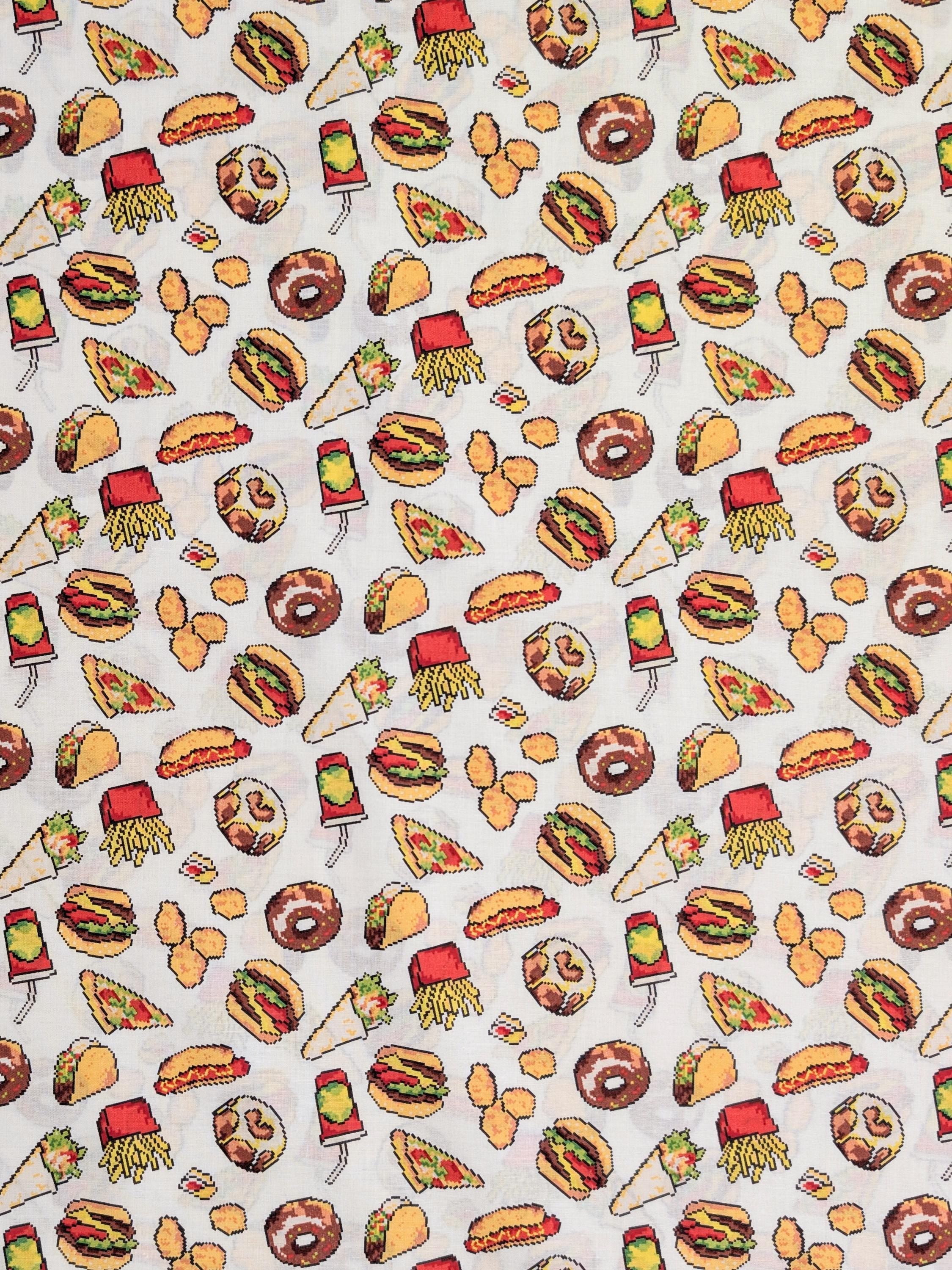 NEW Hokkoh - 8-Bit Fast Food Japanese Cotton Lawn Fabric - White 1026-626-1-A