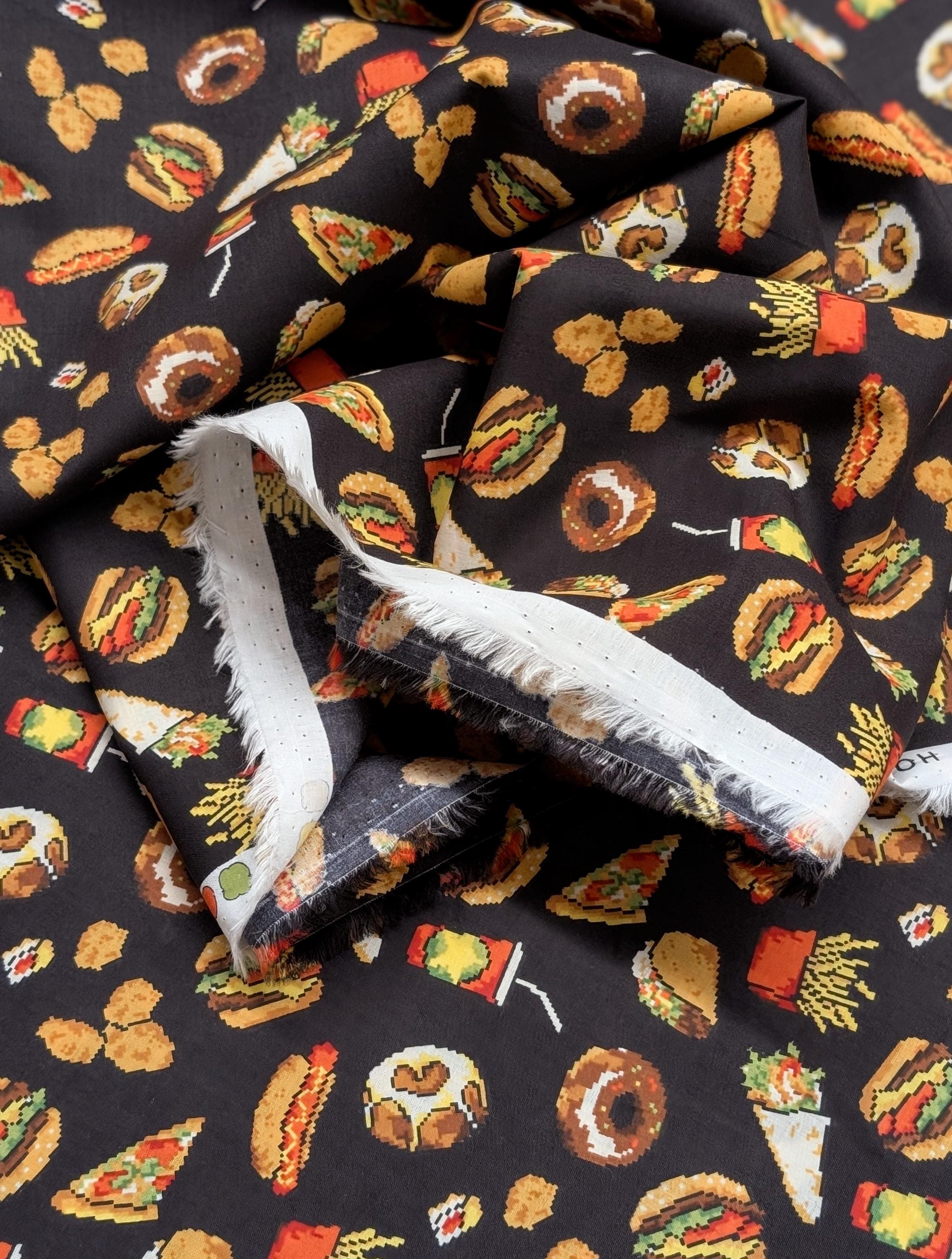 NEW Hokkoh - 8-Bit Fast Food Japanese Cotton Lawn Fabric - Black 1026-626-1-E