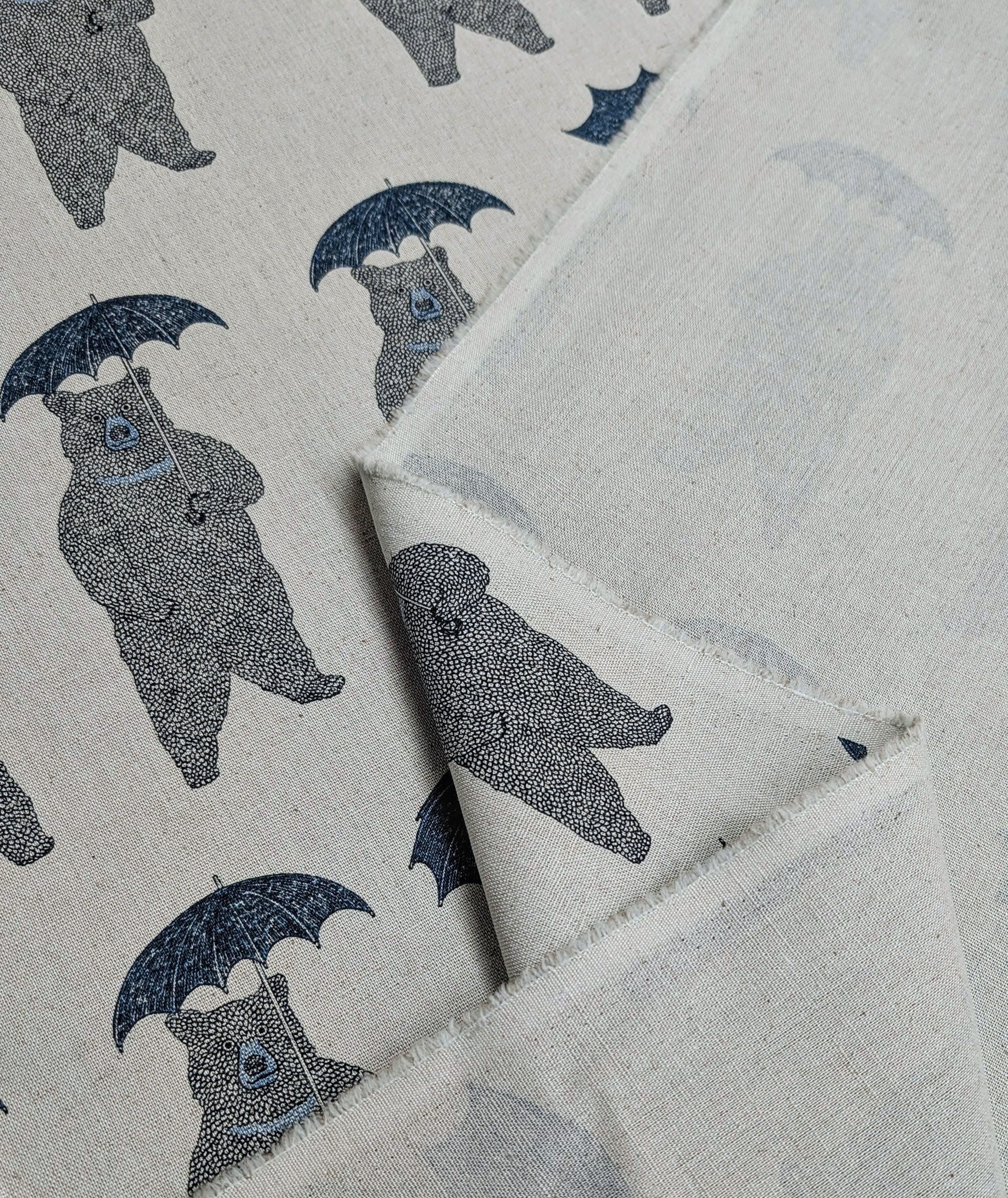 Koizumi - Bear-Able Weather Bears with Umbrellas Cotton/Linen Canvas Fabric - Blues
