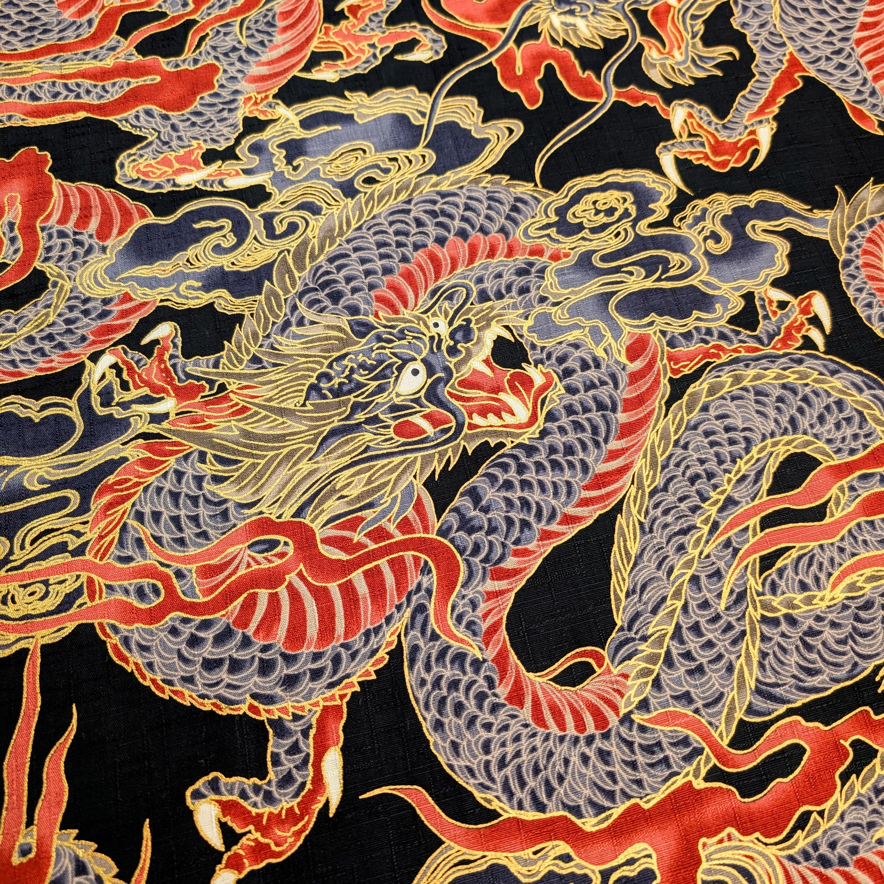 Hokkoh - Golden Dragons Cotton Dobby Fabric - Black REMNANT